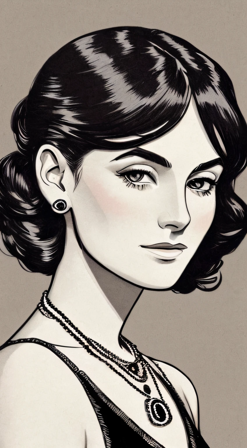 1woman, young female, very Coco Chanel, Gabrielle Bonheur Chanel, beautiful skin, thin eyebrows, pin curls, slicked hair, 1900 hairstyle, confident, passion, portrait, front look, 4k, high-res, best quality, illustration, black/white image --auto