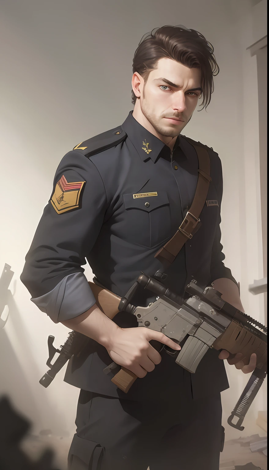 Soldier with dark uniform and rifle, ruined background, realistic, stylish, rutkowski, hdr, intricate details, hyperdetailed, cinematic, rim light, danger atmosphere