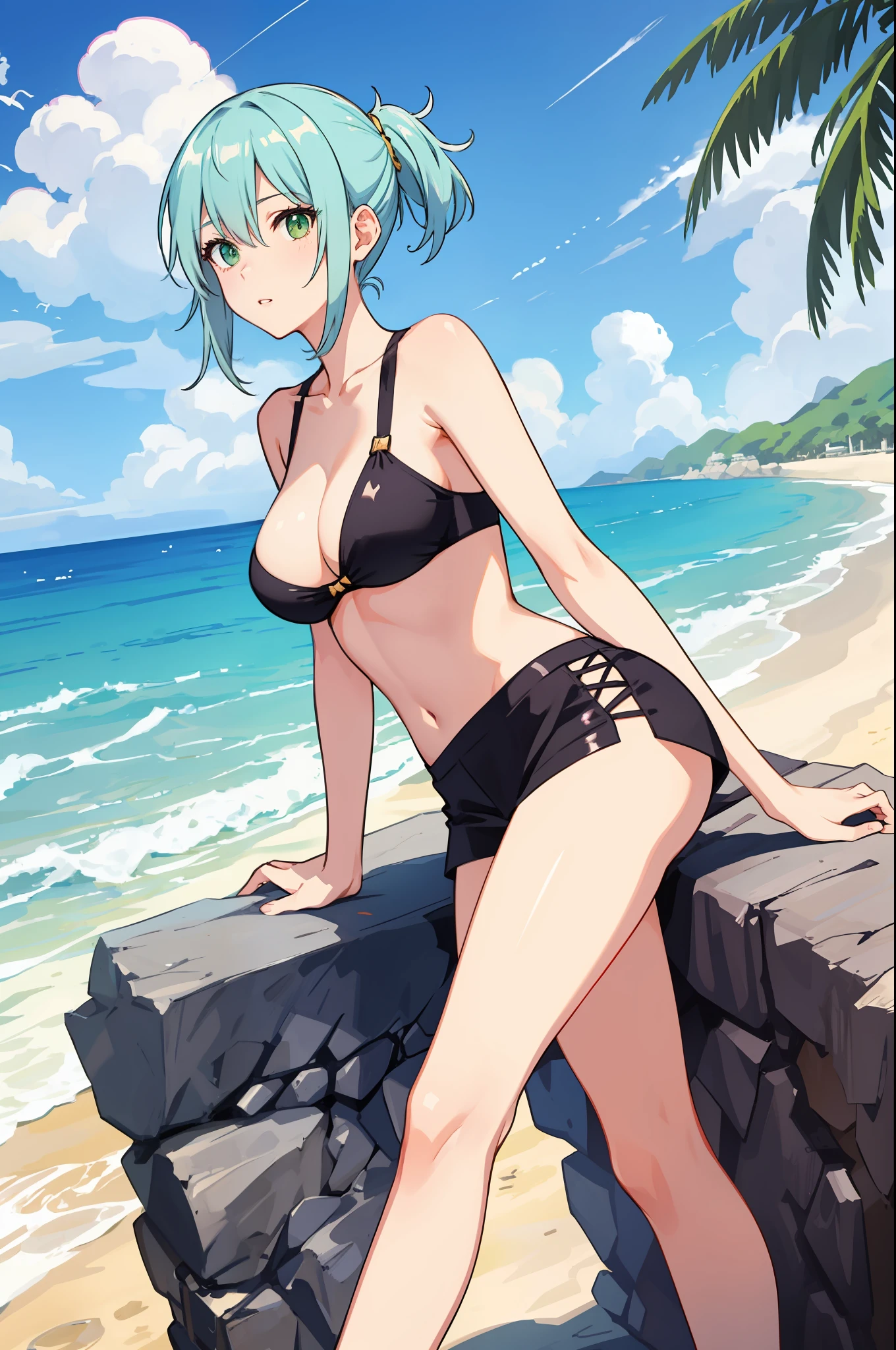 shikimori, medium breast, slim legs, sunny day, Beach, leaning, beautiful eyes, green eyes, nervous