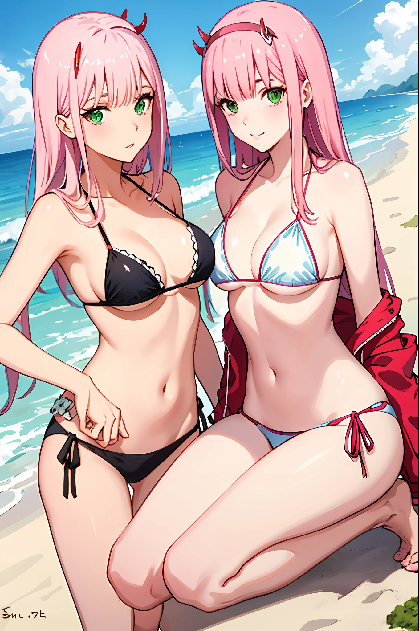 zero two, side tie bikini, medium , slim legs, sunny day, Beach, leaning, beautiful eyes, green eyes, nervous