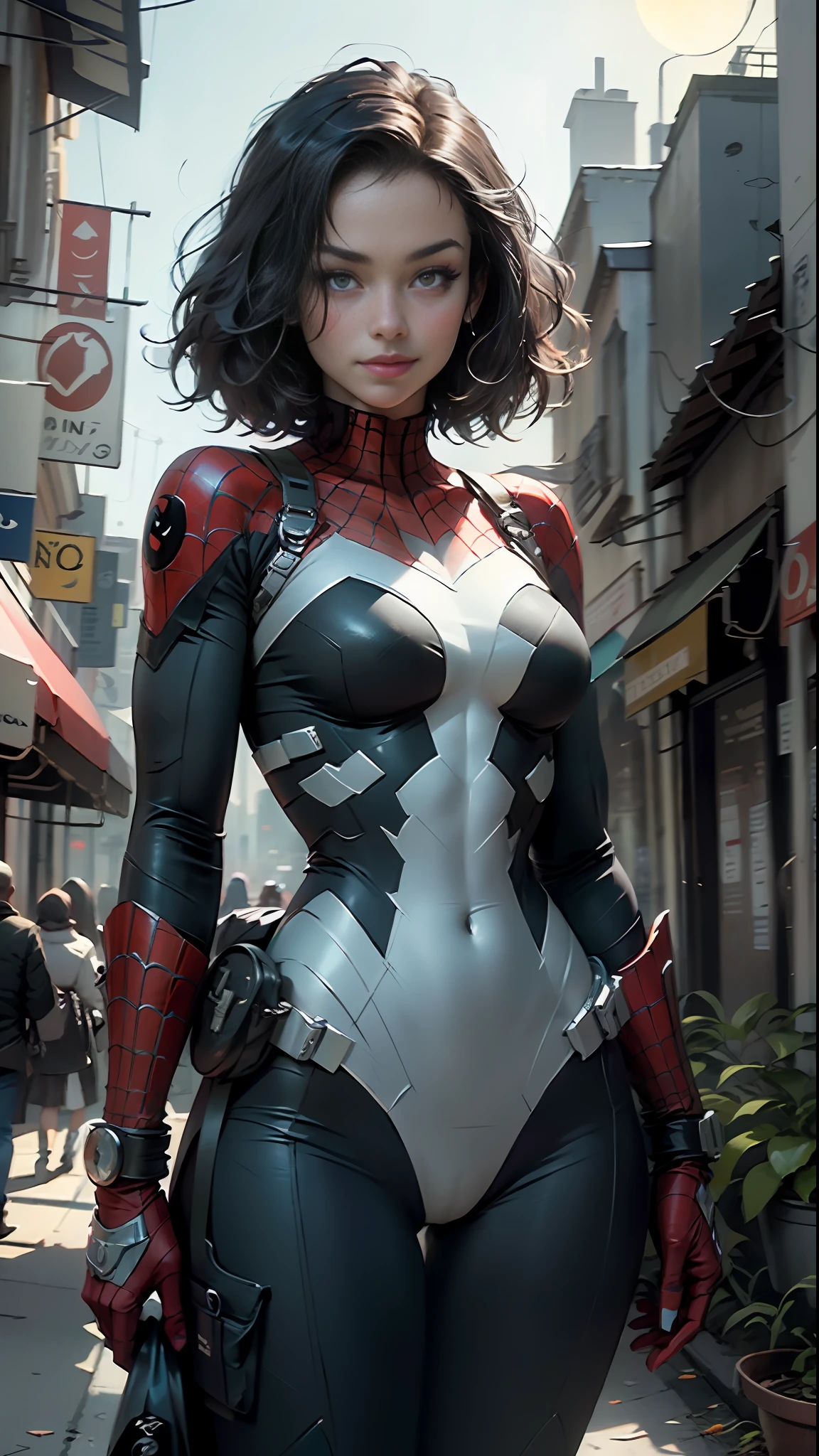 Masterpiece, HD, detailed details, beautiful woman defined body detailed using Spider-Man roleplay, large breasts, smile, delicate facial features, perfect face, fair skin, short hair, city streets Batman of the dark knight is imposing in a gothic lost city. Moonlight highlights your muscles and scars. The scenery is lush and mysterious, with futuristic technology and surroundings. The camera details everything, a warrior woman, in front of him.