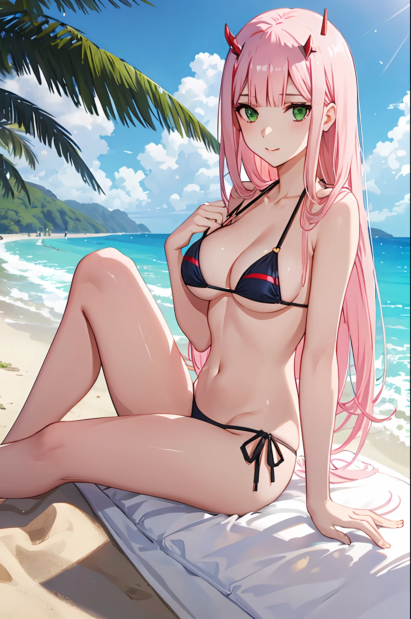 zero two, side tie bikini, medium breast, slim legs, sunny day, Beach, leaning, beautiful eyes, green eyes, nervous