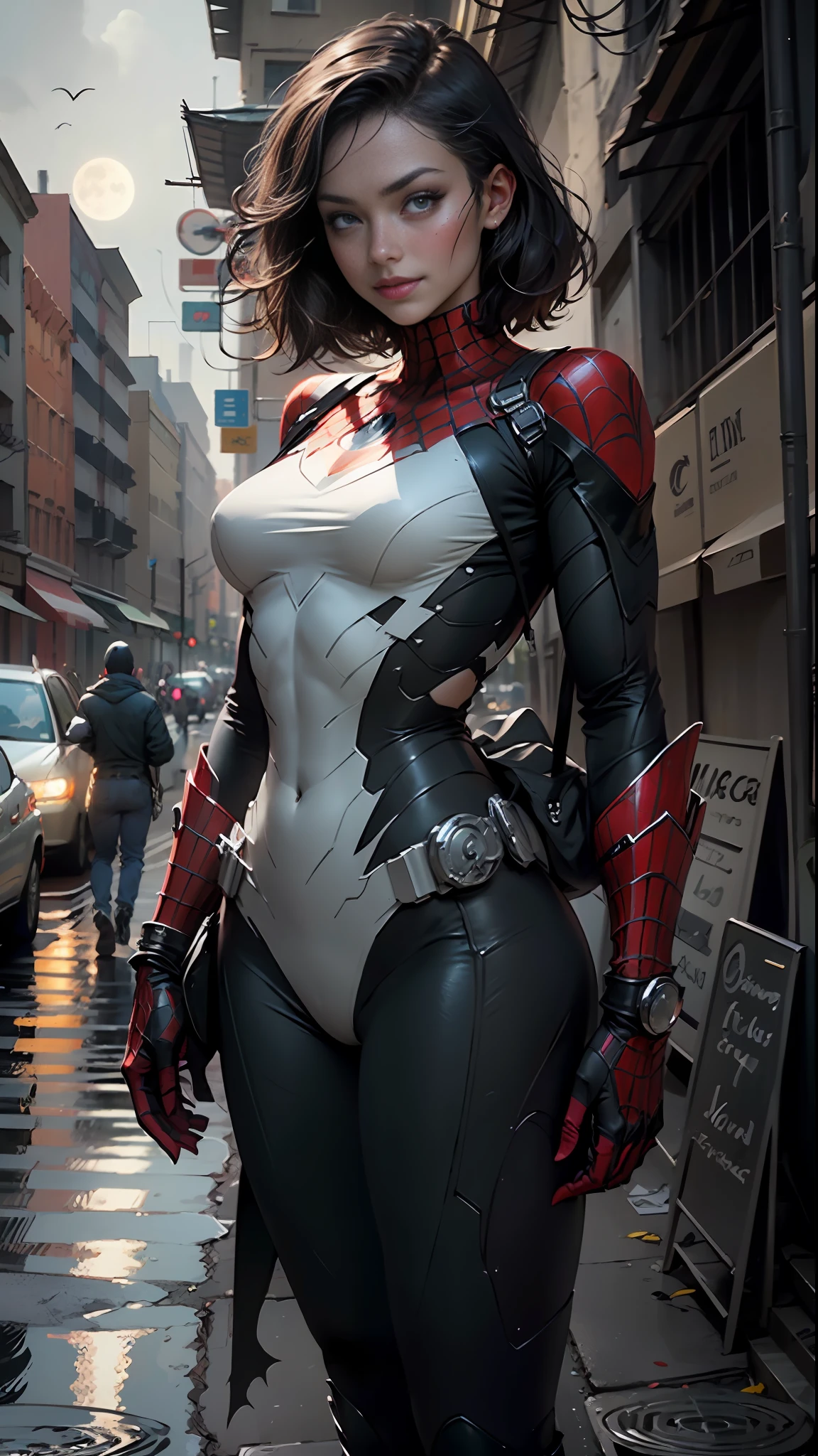 Masterpiece, HD, detailed details, beautiful woman defined body detailed using Spider-Man roleplay, large breasts, smile, delicate facial features, perfect face, fair skin, short hair, city streets Batman of the dark knight is imposing in a gothic lost city. Moonlight highlights your muscles and scars. The scenery is lush and mysterious, with futuristic technology and surroundings. The camera details everything, a warrior woman, in front of him.