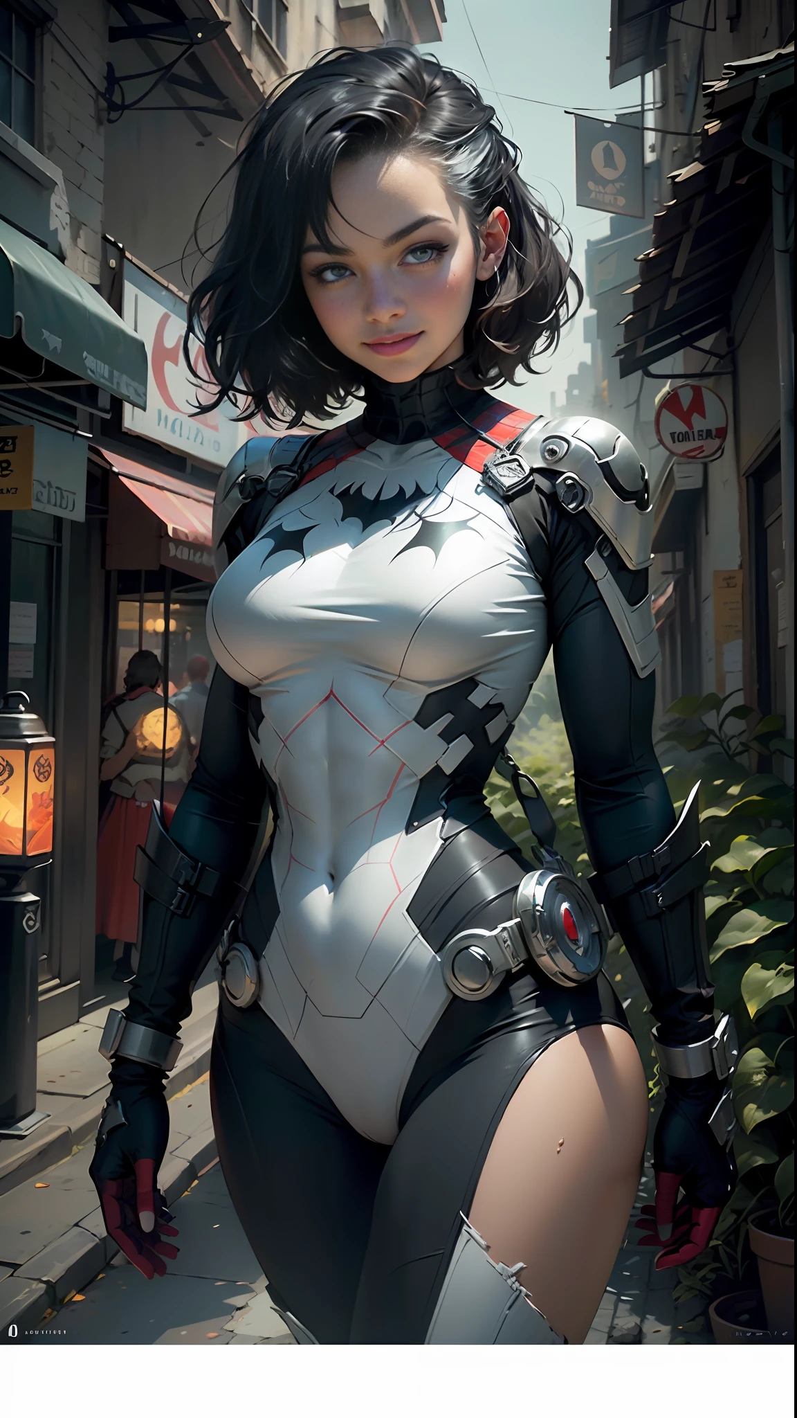 Masterpiece, HD, detailed details, beautiful woman defined body detailed using Spider-Man roleplay, large breasts, smile, delicate facial features, perfect face, fair skin, short hair, city streets Batman of the dark knight is imposing in a gothic lost city. Moonlight highlights your muscles and scars. The scenery is lush and mysterious, with futuristic technology and surroundings. The camera details everything, a warrior woman, in front of him.