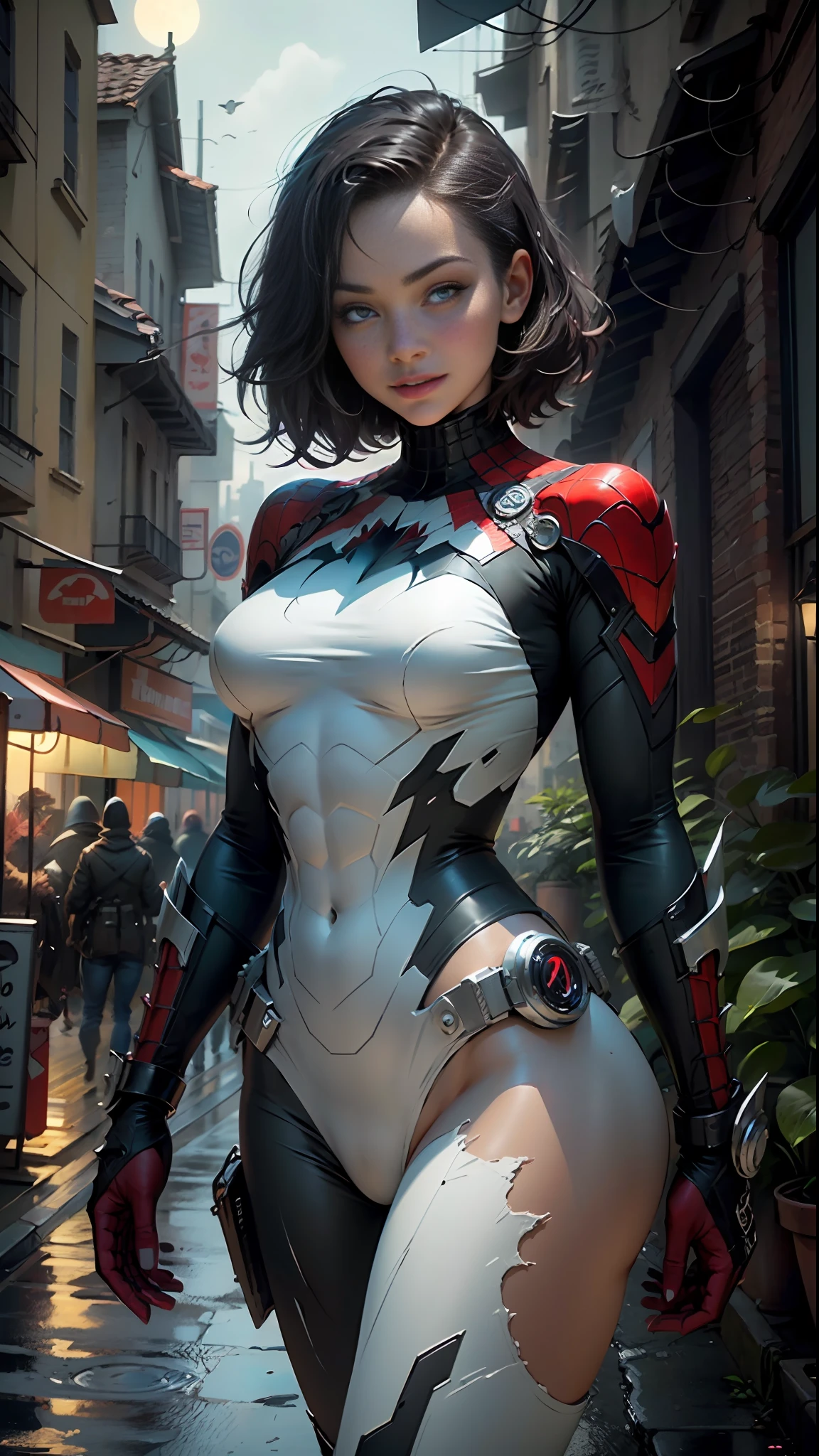 Masterpiece, HD, detailed details, beautiful woman defined body detailed using Spider-Man roleplay, large breasts, smile, delicate facial features, perfect face, fair skin, short hair, city streets Batman of the dark knight is imposing in a gothic lost city. Moonlight highlights your muscles and scars. The scenery is lush and mysterious, with futuristic technology and surroundings. The camera details everything, a warrior woman, in front of him.