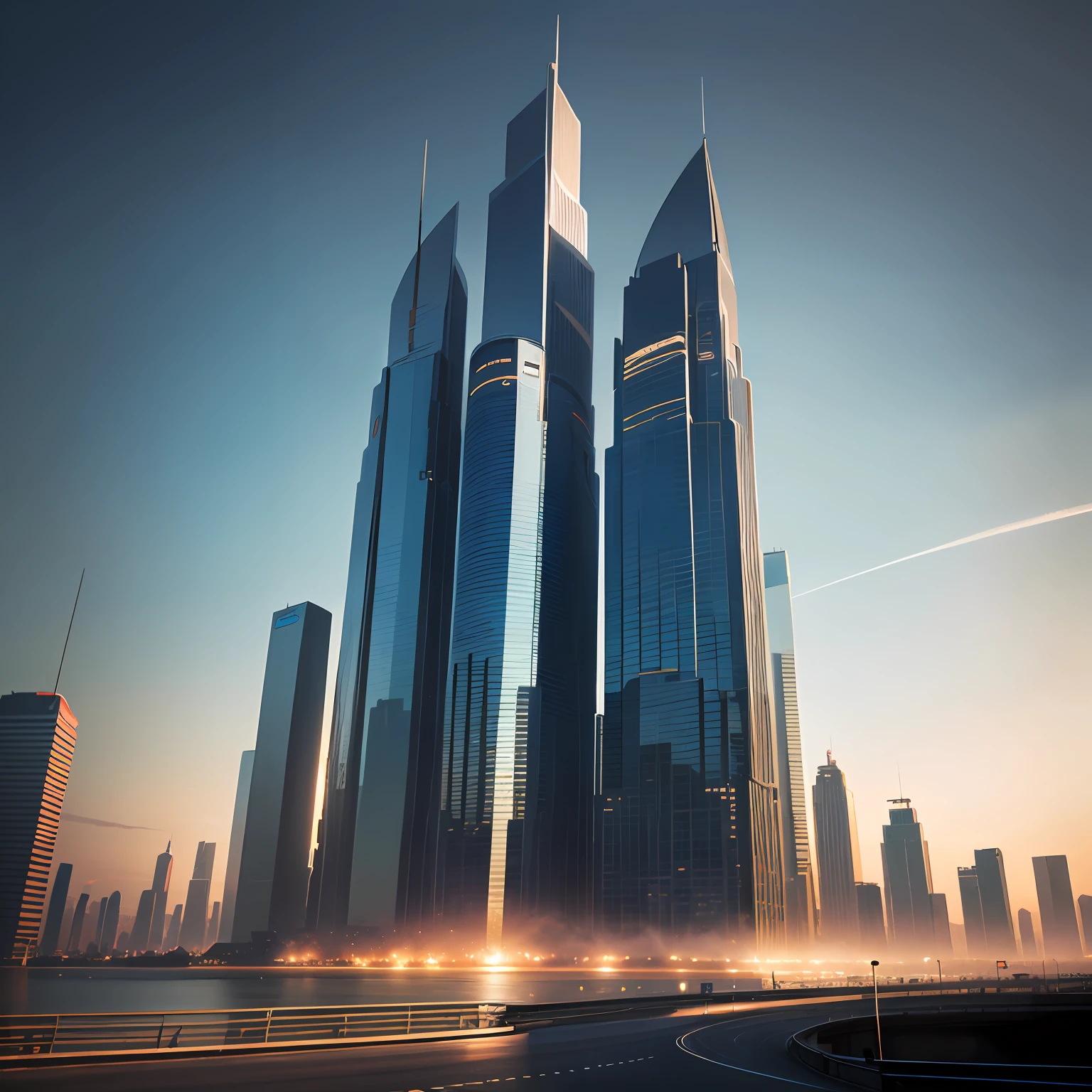 Style: Conceptual art. Scenes: Futuristic cityscapes with towering skyscrapers and stylish aerodynamic vehicles speeding through the air. The high-resolution OLED GUI interface on the building's windows is filled with transparent data visualization infographics that show everything from weather patterns to traffic flow. The colors are saturated and vibrant, and blue dominates the skyline. The overall effect is both beautiful and awe-inspiring. --auto