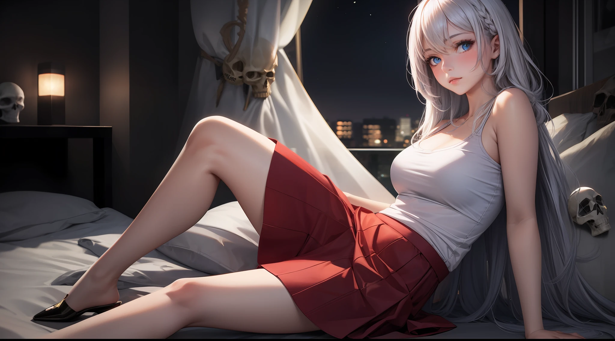 realistic, 1 girl, red and white hair, blue eyes, bright eyes, short top, red skirt with a drawing skull, blush, night, against light, very defined hair