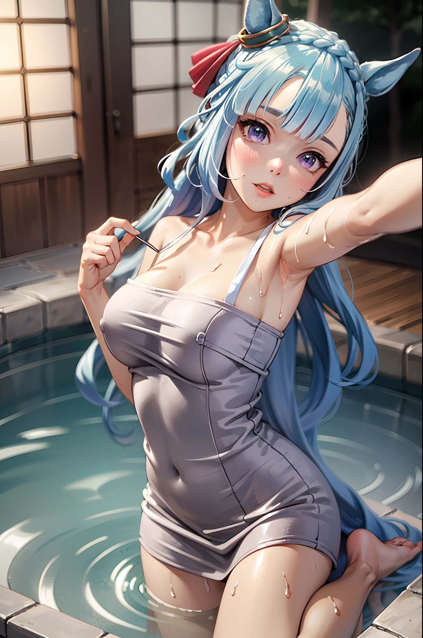best quality,masterpiece, high res, beautiful detailed eyes,ultra-detailed, mejiro ardan \(umamusume\), ear ornament,horse ears, horse tail, bewitching poses, full body wide angle, selfie, blush, sweat, bath towel, onsen, evening