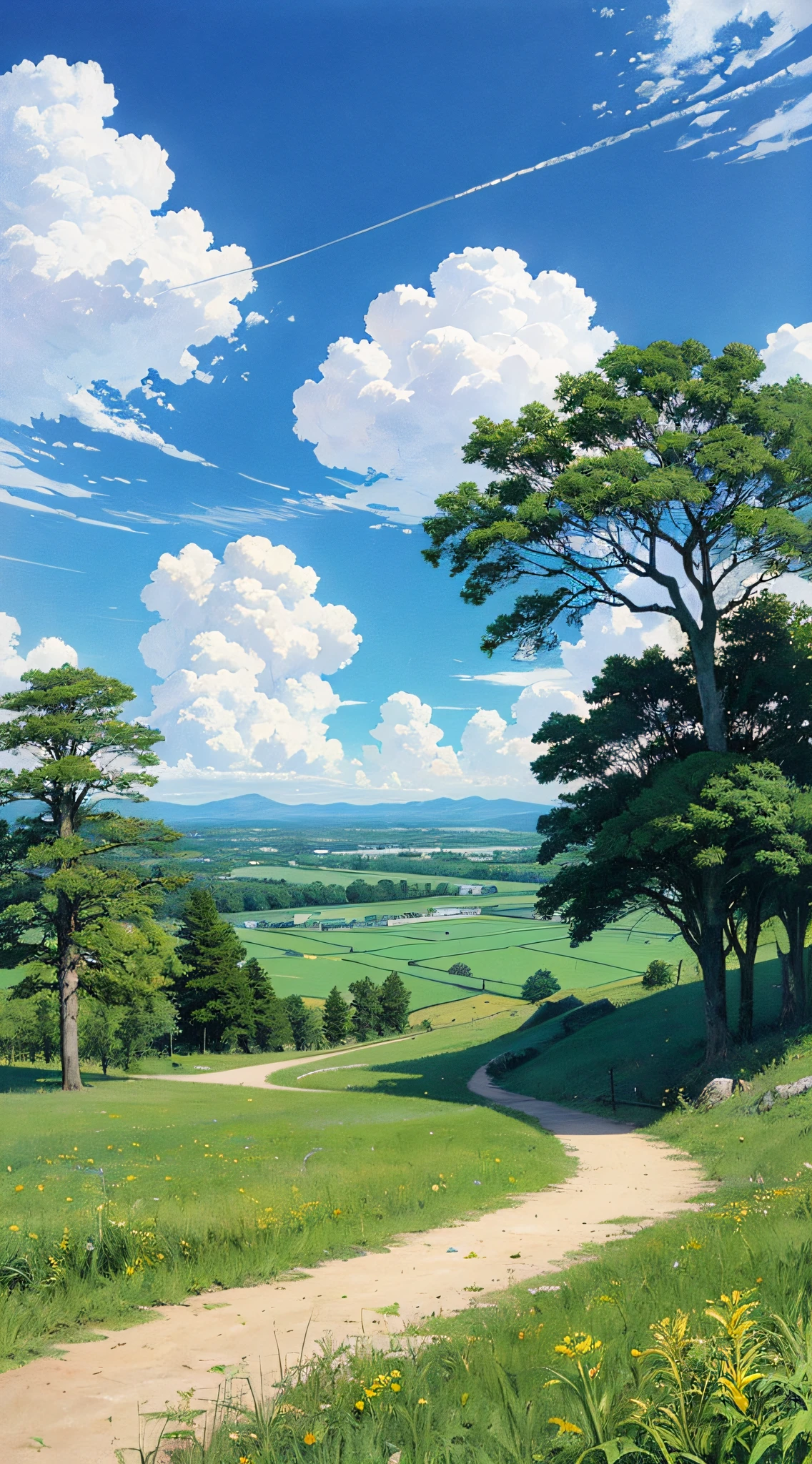 Realistic, authentic, beautiful and amazing landscape oil painting Studio Ghibli Hayao Miyazaki's petal grassland with blue sky and white clouds --v6