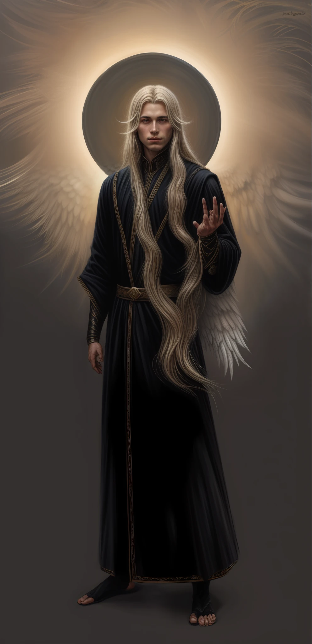 a man with long blonde hair and a black robe holding a japamala, majestic full-body angel in dark robes with golden details, noble male elf in black robes, tom bagshaw donato giancola, dark fantasy character design, white-haired deity, yuri shwedoff and tom bagshaw, inspired by Yoann Lossel, an angel of the light of dawn, Virgo Shaka
