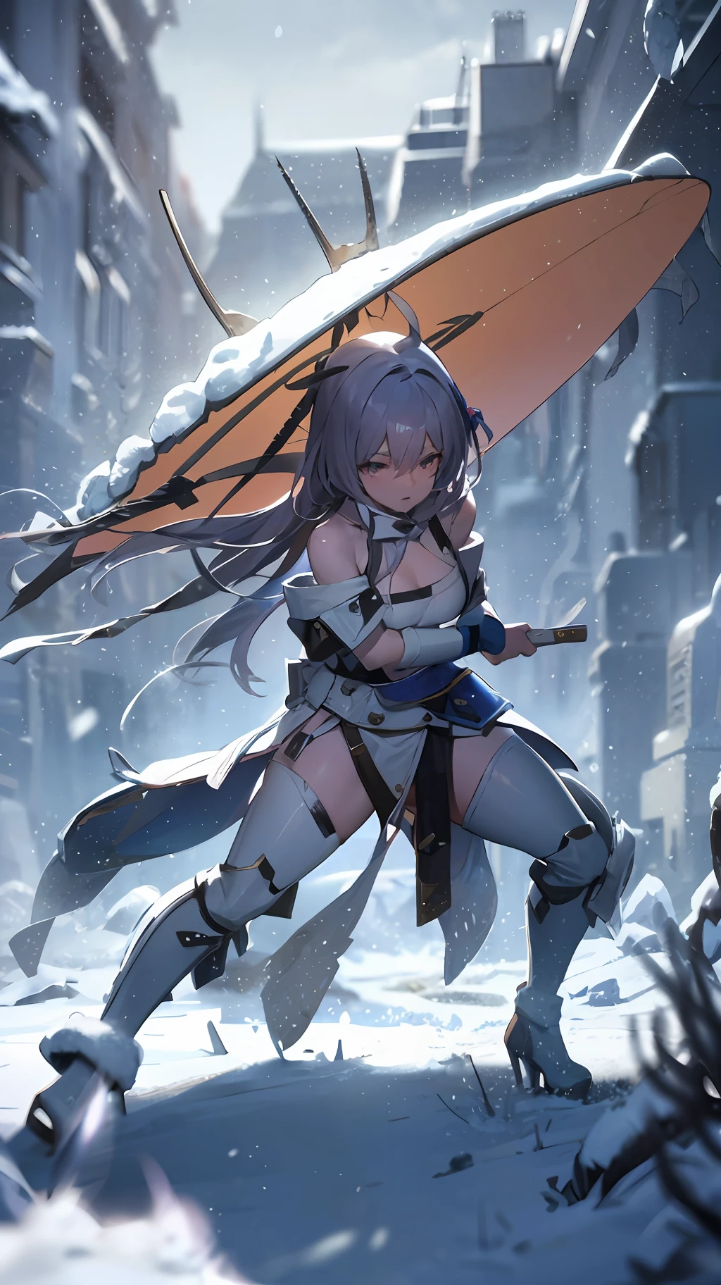 Resolute eyes, staring at the target, girl standing in posture ready to draw a knife, juxed chopping posture, clear fingers, in line with anatomy, holding the handle of the knife, wearing a big hat, the background above is wind and snow, wilderness, combat effects, ice and snow scenes, dynamic special effects, wind and snow special effects, ice and snow, focus on the girl's face, scene out of focus, battle glow on the sword