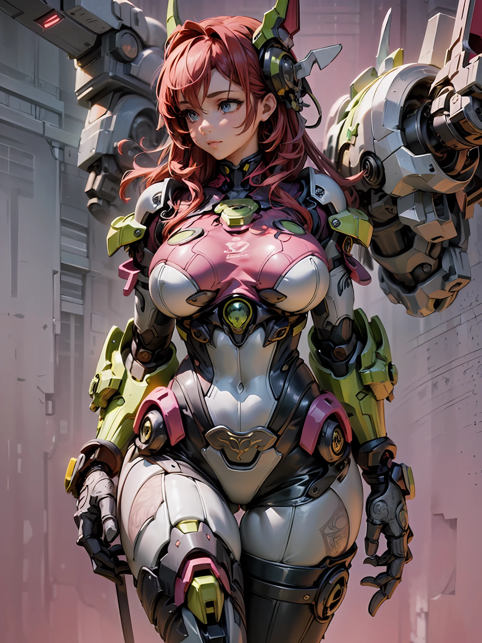 1 girl, masterpiece, best quality, Amazing, beautiful detailed eyes, extremely detailed CG unity 8k wallpaper, (intricate design:1.6), digital art, ultra fine textures, surreal landscapes, realistic lighting and shading, (an extremely delicate and beautiful art)1.3, elegant, giant mechanical arms, huge mechanical arms, mechanical arms, koukawa_asuka(taimanin_asagi), pink bodysuit, red hair, elbow gloves, pink thigh