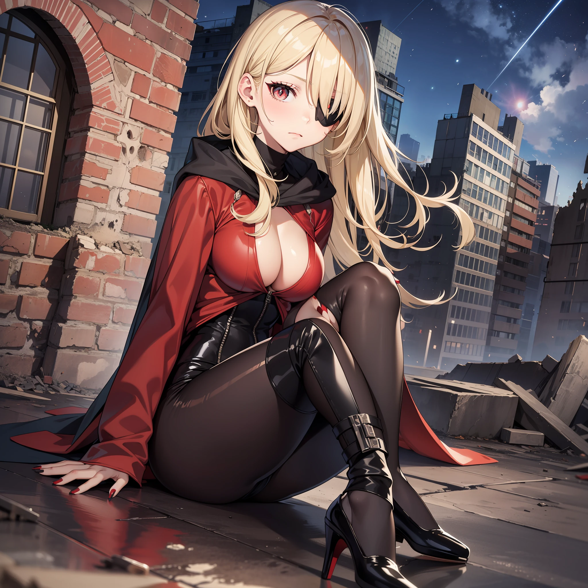Age 30 years woman, Long blonde hair with pin doll, Wearing left eye patch, wearing a black red white bodysuit with cloak, high heels, red nails and eyes, On the ruins, looking at viewer, sad, best quality, masterpiece, HD, Full Body, beautiful face, Night sky, variation angle, Swing on the building