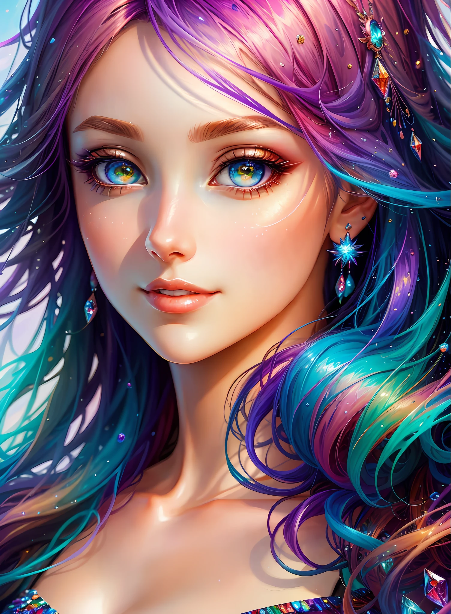 ((Best Quality)), ((Masterpiece)), (Real), (Details), (1 Woman) Close up portrait of a woman with colorful hair, crystal clear and beautiful eyes, 4K high-definition digital art, stunning digital illustrations, stunning 8K artwork, colorful digital fantasy art, colorful and dark, beautiful digital artwork, colorful digital painting, Digital Anime Art, Portrait of Beautiful Bright Smiling Woman, 8K HD Digital Wallpaper Art, Gorgeous Digital Painting