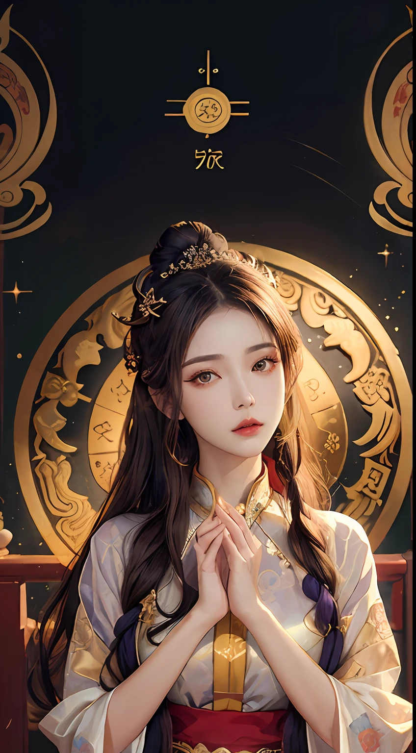 The 27-year-old girl holds an ancient Pi Pi, the goddess of the 12 zodiac comes from the future with the Pi Ba, the goddess of the 12 zodiac in pink and purple dress, the goddess of the 12 zodiac in yellow ao dai, ao dai. Long Dai 12 zodiac with many details in black lace, Dunhuang_dress, Dunhuang_style, Dunhuang_background, zodiac sign, luxurious sparkling zodiac style, dark and mysterious version, vermilion lips, thin and pretty lips, A smile that captivates viewers, characters created by karol bak and pino daeni, complicated details, detailed backgrounds, extremely detailed, light magic, women, clear faces light, see the face of the goddess of the zodiac, see the face of the goddess of the zodiac, long hair with bangs, high bun, beautiful face in detail and well-proportioned eyes, (transparent yellow eyes: 1.8), double big round eyes and very beautiful and meticulous makeup, visionary, silk dress, mysterious makeup, side bangs and light blonde dye, part of the body, upper part of the goddess of the zodiac, two hanging hands, (pistil: 1.8), realistic and vivid images, (stars that make up the zodiac: 1.7), (background sky) zodiac sign: 1.8), art fiction, RAW photo, Chinese hanfu photo, Dunhuang hanfu style, best photo, best photo quality, 8k quality, super 8k, surreal, most economical real photo, artistic portrait of zodiac goddess ,