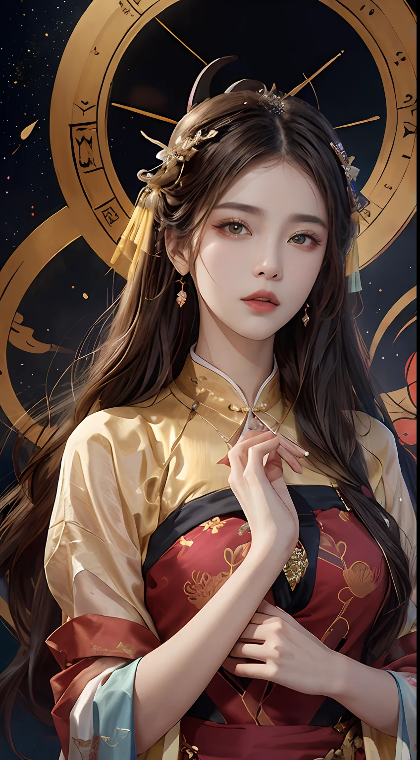 The 27-year-old girl holds an ancient Pi Pi, the goddess of the 12 zodiac comes from the future with the Pi Ba, the goddess of the 12 zodiac in pink and purple dress, the goddess of the 12 zodiac in yellow ao dai, ao dai. Long Dai 12 zodiac with many details in black lace, Dunhuang_dress, Dunhuang_style, Dunhuang_background, zodiac sign, luxurious sparkling zodiac style, dark and mysterious version, vermilion lips, thin and pretty lips, A smile that captivates viewers, characters created by karol bak and pino daeni, complicated details, detailed backgrounds, extremely detailed, light magic, women, clear faces light, see the face of the goddess of the zodiac, see the face of the goddess of the zodiac, long hair with bangs, high bun, beautiful face in detail and well-proportioned eyes, (transparent yellow eyes: 1.8), double big round eyes and very beautiful and meticulous makeup, visionary, silk dress, mysterious makeup, side bangs and light blonde dye, part of the body, upper part of the goddess of the zodiac, two hanging hands, (pistil: 1.8), realistic and vivid images, (stars that make up the zodiac: 1.7), (background sky) zodiac sign: 1.8), art fiction, RAW photo, Chinese hanfu photo, Dunhuang hanfu style, best photo, best photo quality, 8k quality, super 8k, surreal, most economical real photo, artistic portrait of zodiac goddess ,