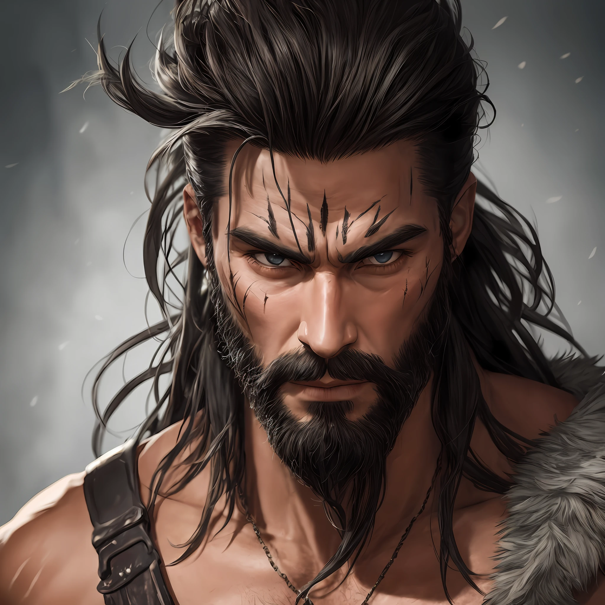 Barbarian with scars on his face, black hair and beard and light gray eyes 29 years old, masterpiece, epic, 4k --auto
