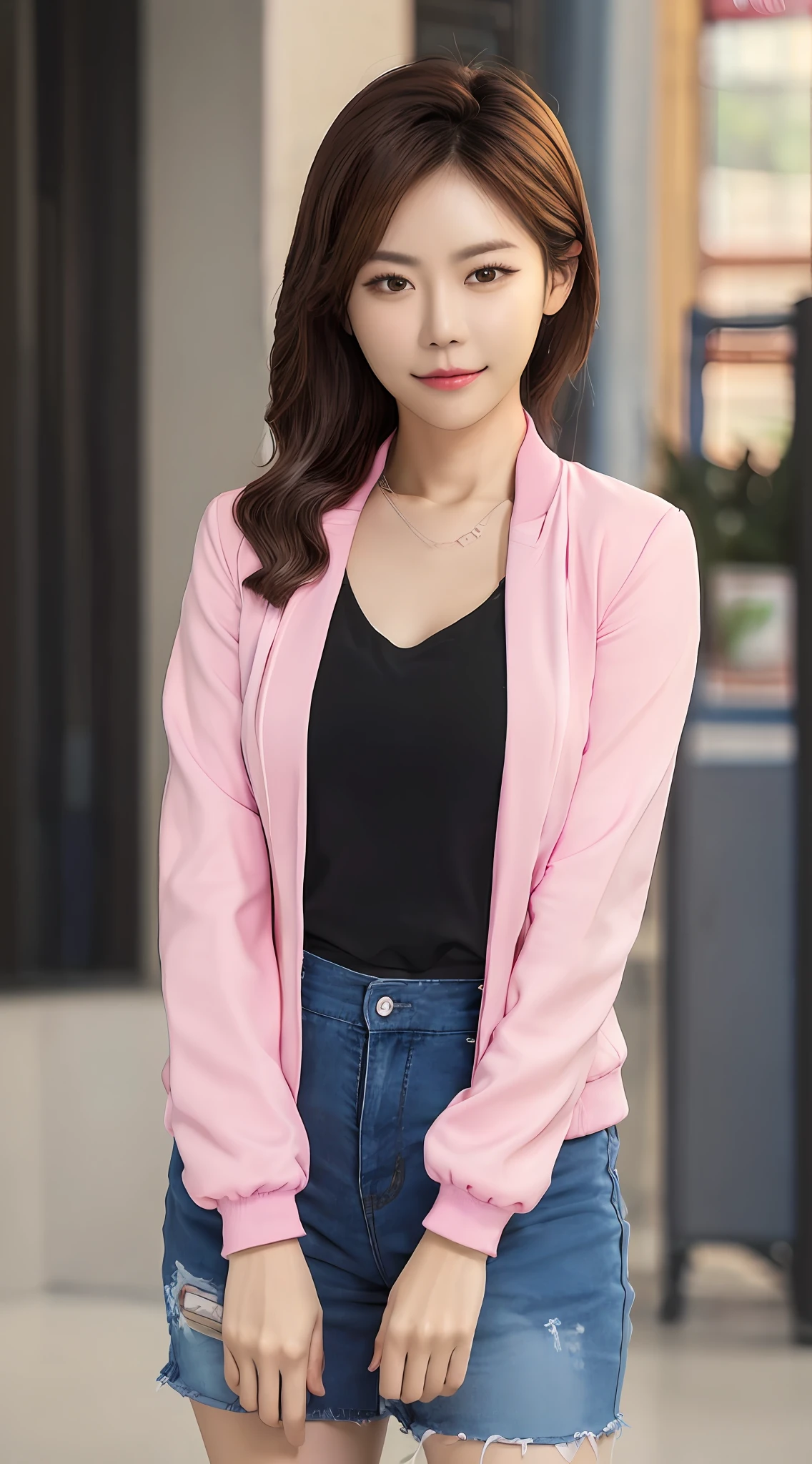 arafed woman in a pink jacket and a blue top, beautiful south korean woman, with short hair, female actress from korea, jaeyeon nam, portrait of female korean idol, cute korean actress, lee ji - eun, lee ji-eun, beautiful young korean woman, korean woman, inspired by Sim Sa-jeong, korean girl, heonhwa choe, realistic, hdr, 4k --auto