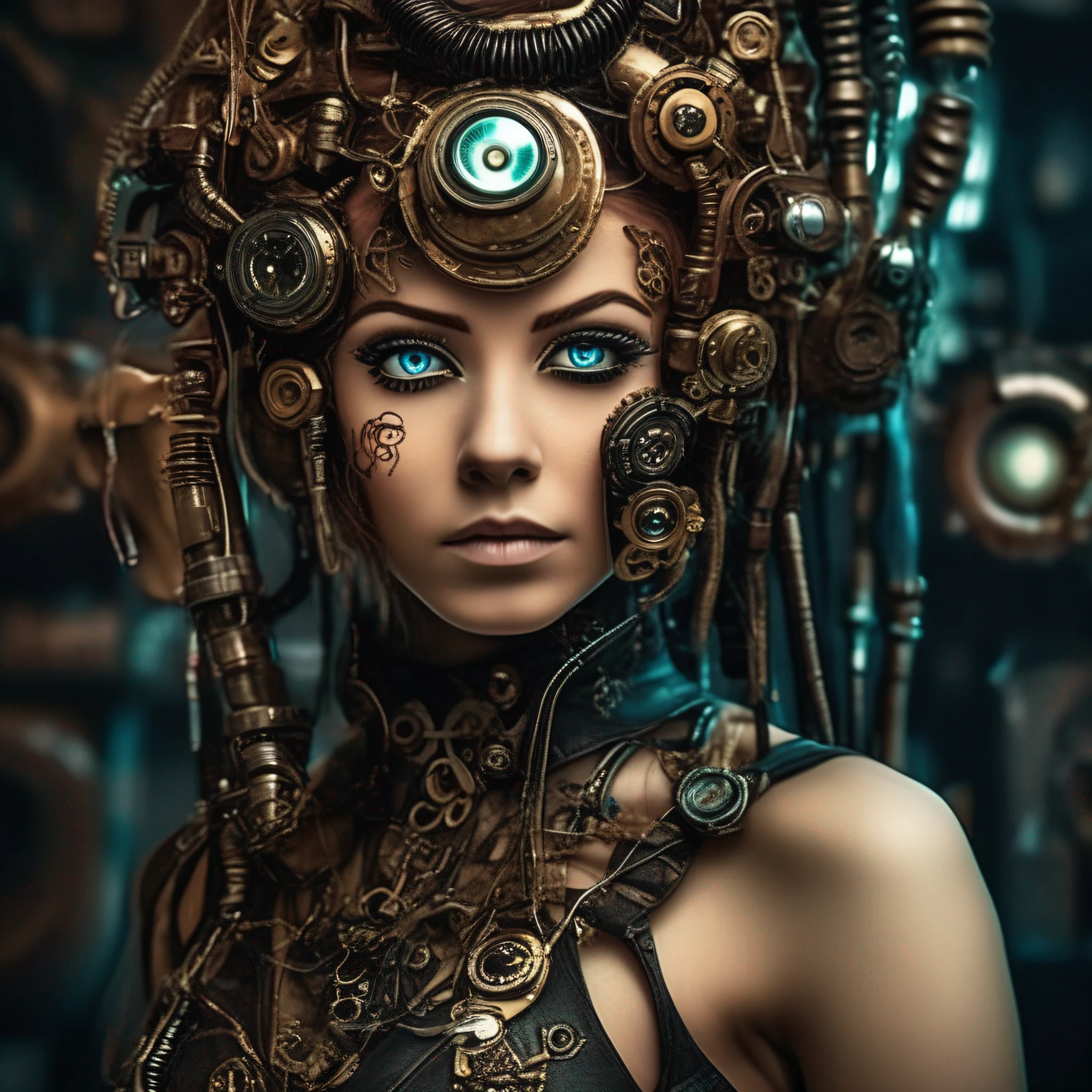 In this captivating close-up photograph, a striking woman embodies the fusion of cyberpunk and steampunk aesthetics. Her face is adorned with steampunk-inspired gears and mechanical components, seamlessly integrated with her futuristic, cybernetic enhancements. The contrasting styles are united by her striking, vibrant eyes, which convey intensity and resilience. Her intricate, eye-catching hair combines traditional Victorian elements with neon streaks, further exemplifying the blend of genres. Set against a mysterious, dimly lit background, this image highlights the exquisitely detailed costume and striking features of the woman. Shot with a Nikon D850 and an 85mm f/1.4 lens, the photograph delivers sharp focus, stunning contrasts, and an alluring bokeh effect