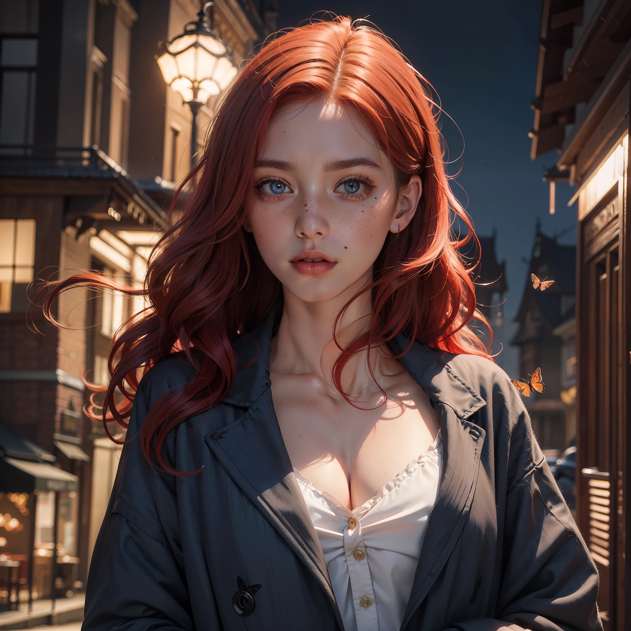 (absurd, highres, ultra detailed), 1 woman, adult, beautiful, tall woman, finely detailed eyes, light red colored hair, wavy long hair, demon behind woman, complex pattern, detailed face, adult face, hand lowered, mouth closed tightly, (Dutch angle), coat overcoat, night, dark blue eyes, butterflies flying around, freckles, adult face, mature