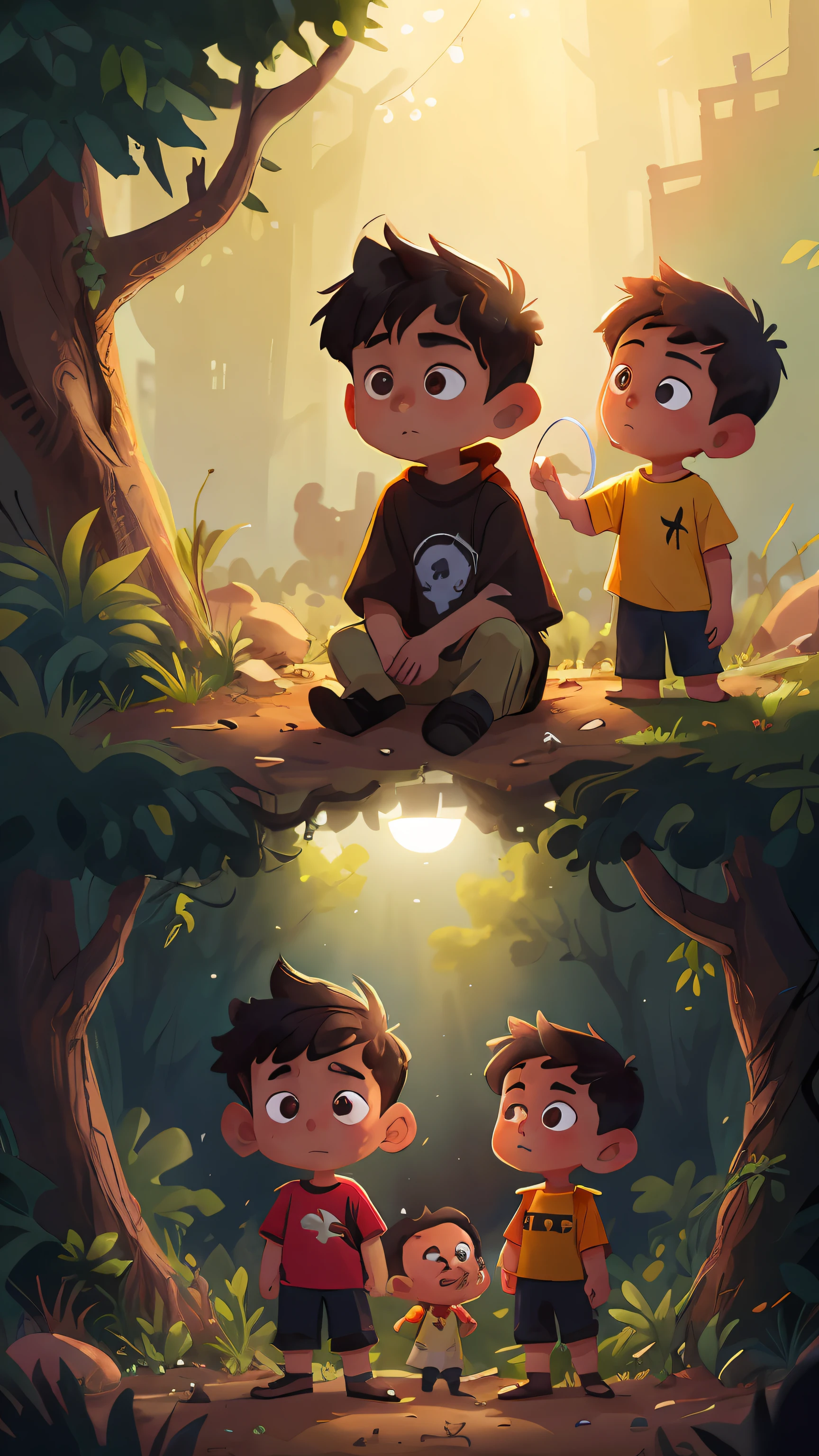 Two boys, one black and one light-haired in the desert looking sad, seeing an angel in the distance in a not very definite way