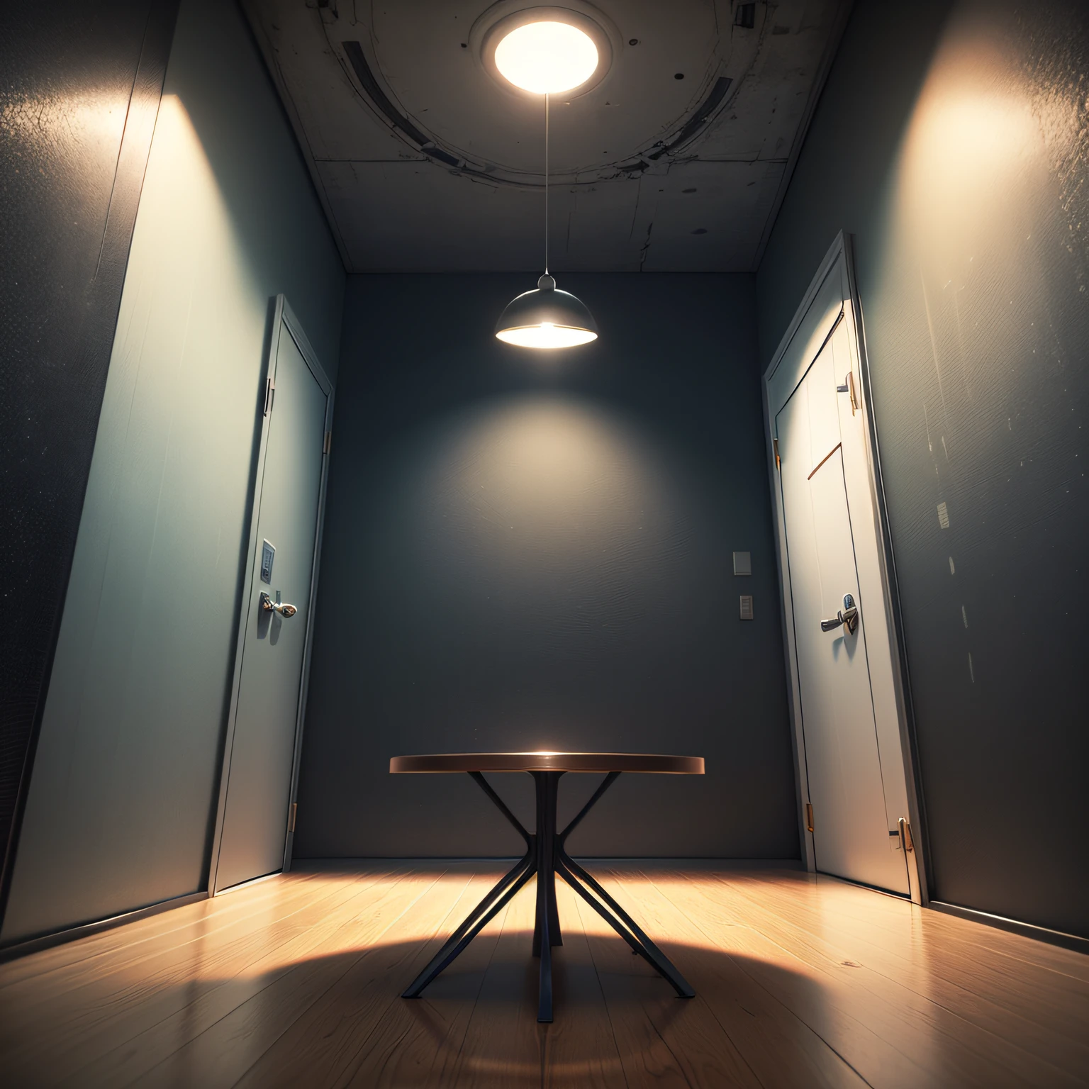 Surrounded by metal walls, reflective walls, textured walls, cyberpunk squares, in the middle of the room, no doors, no windows, a round table in the middle --auto