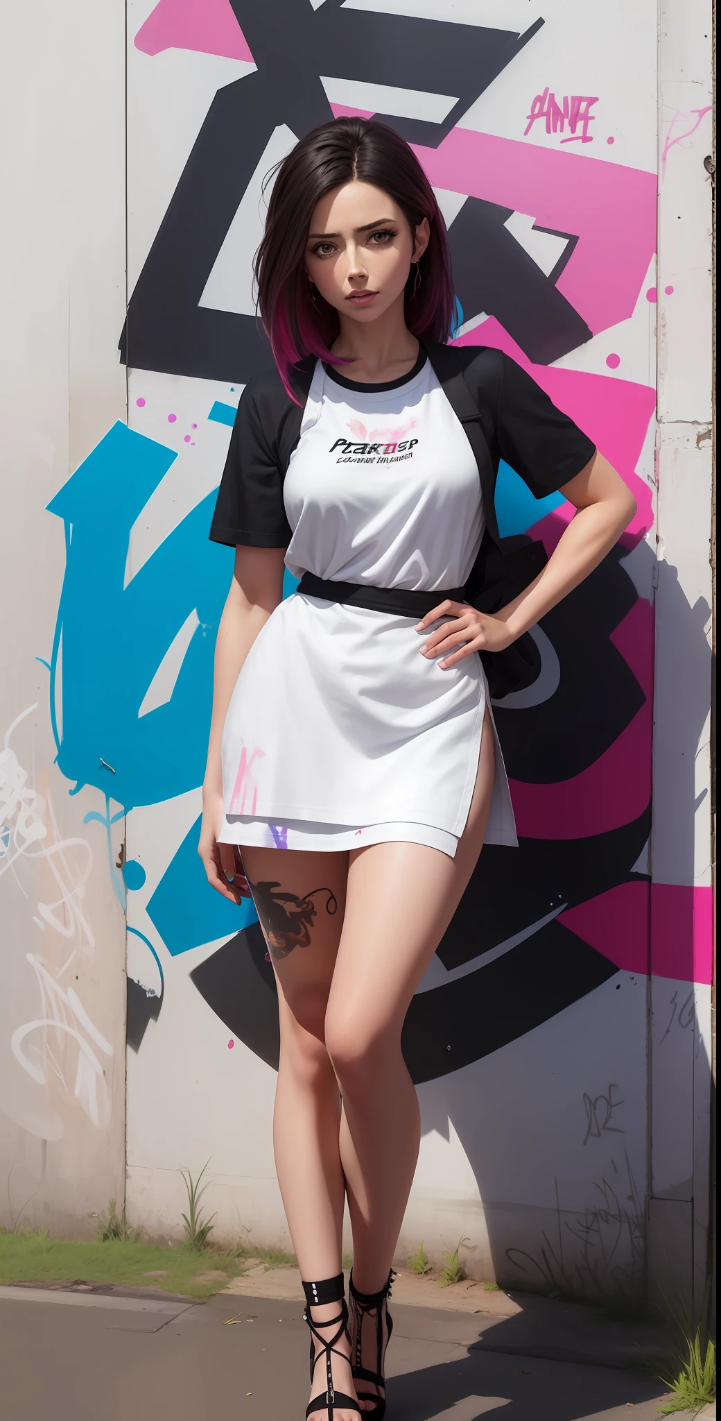 Alita, a summer punk lady, full body, exposed legs, portrait from head to shoulders, long hair, white T-shirt with black apron, black thighs, holding spray paints, graffiti walls by Stanley Lau Artgerm, Greg Rutkowski, norman rockwell, Wlop, Muccia, under layered dye, hair