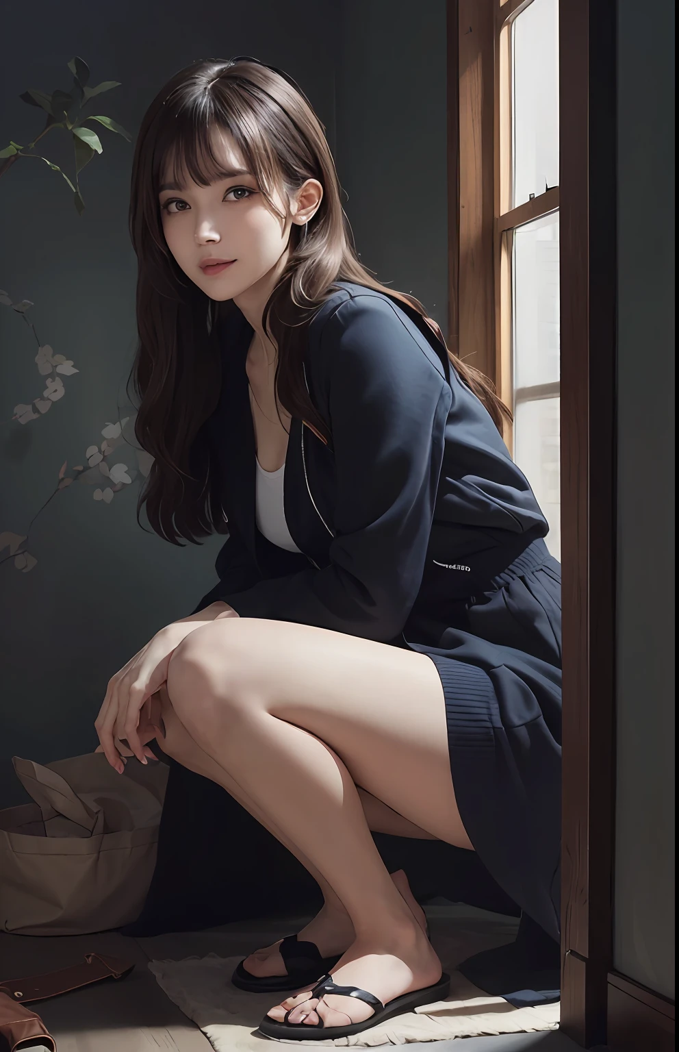 (Ultra Realistic), (Illustration), (High Resolution), (8K), (Very Detailed), (Best Illustration), (Beautiful and Detailed Eyes), (Best Quality), (Ultra Detailed), (Masterpiece), (Wallpaper), (Detailed Face), Solo, One Girl, Viewer, Fine Detail, Detailed Face, In the Dark, Deep Shadows, Low Key, pureerosfaceace_v1, Smile, Long Hair, 46 points oblique bangs, full body, showing legs, bu hair, sitting