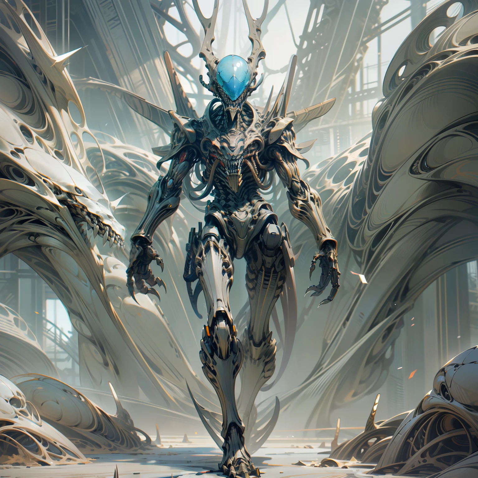 3-meter humanoid alien, slender and sturdy body, elongated arms and legs, three-toed hands and feet with large and long sharp claws, black and white body, head with pointed deer horns, no eyes, huge open jaw full of sharp teeth, biomechanical appearance, blue electricity emanating from his body, imposing appearance