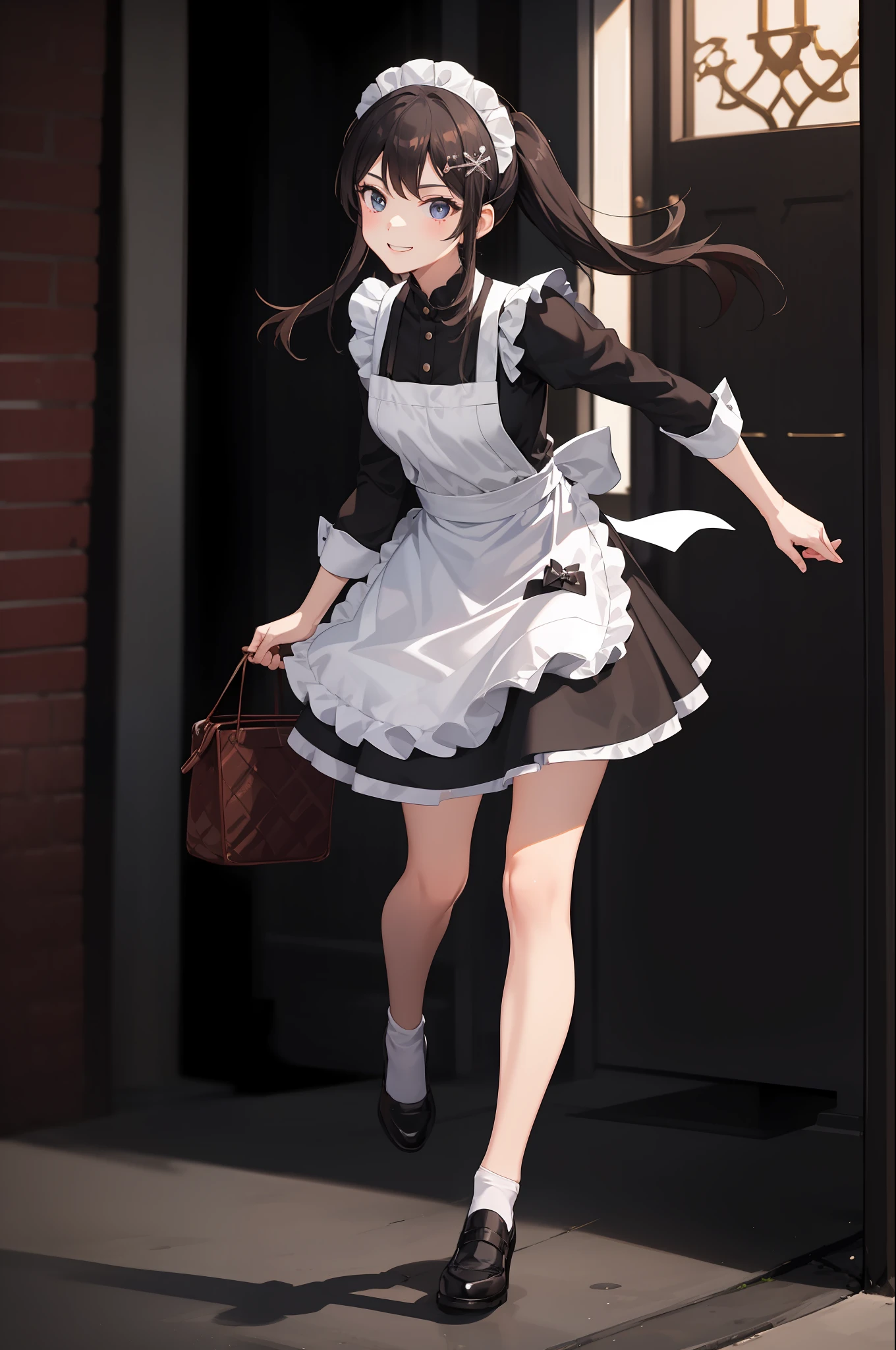 1 girl, smiling, skirt, (small) chillerism, dress, apron,,,,,,、 maid,,,,,,,,、 hair ornament, running briskly,