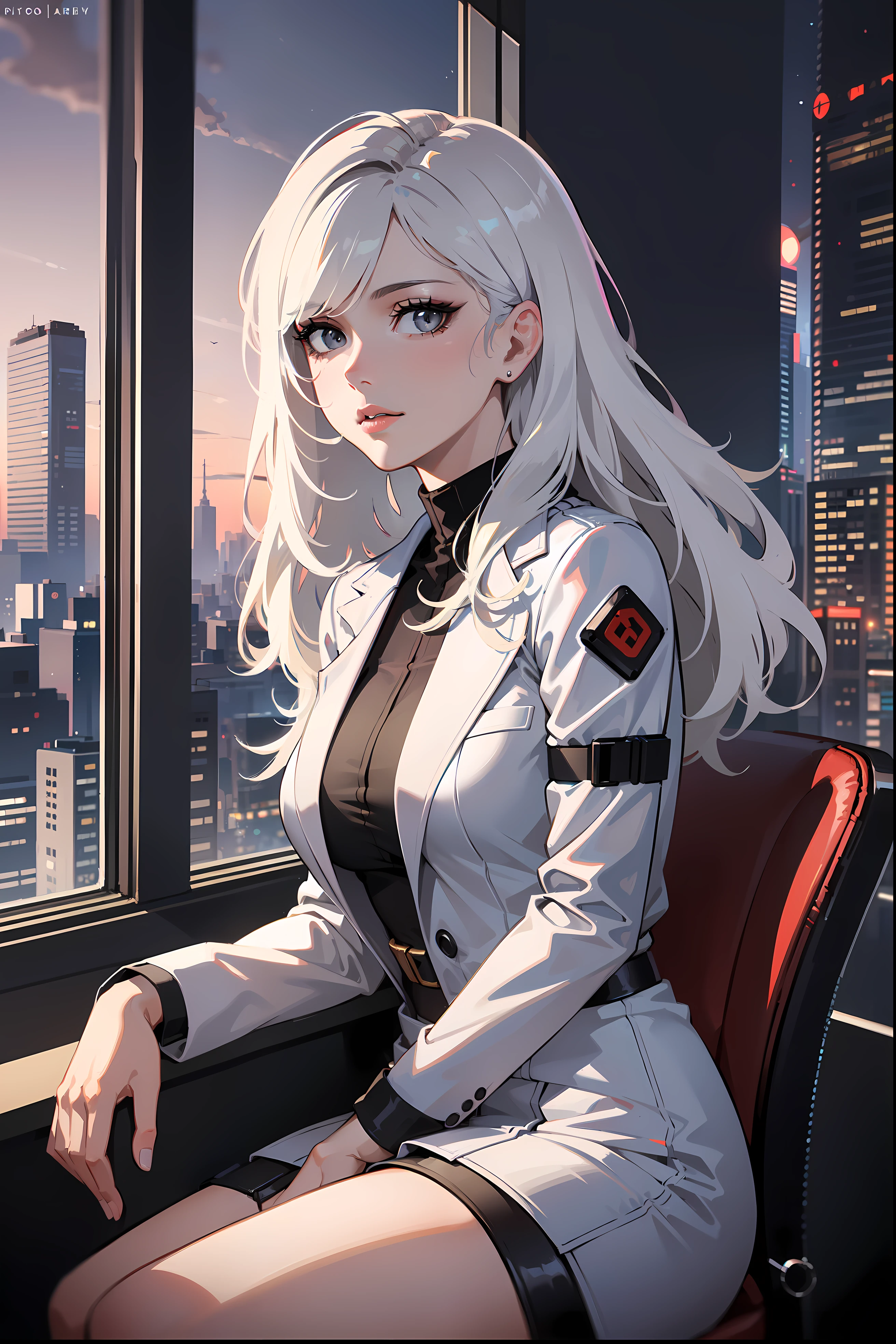 (masterpiece:1.3), (8k, photorealistic, RAW photo, best quality: 1.4), (1girl), beautiful face, (realistic face), Nice hairstyle，Realistic Eyes，Nice detail eyes，（Realistic Skin），Beautiful Skin，Ridiculous，attractive，Ultra high Resolution，an ultra realistic，RAWExtremely detailed，golden proportions, Woman wearing business outfit, white formal blazer, white blouse, white high waist business skirt, beautiful, masterpiece, best quality, perfect lighting, (white hair:1.4), long hair, (grey eyes:1.2), slender build, thin, medium breasts, business woman, ceo of small arms and aerospace centered mega corporation, sitting in luxurious black office chair, giant modern window with view of dusk cyberpunk city skyline in background, torso shot, dusk, (cyberpunk city background:1.3), (Hazy sky:1.2), (Dim red sun:1.3), eyelashes, dark eyeliner, cyberpunk, older, sleek modern-futuristic office, (white clothes:1.2)