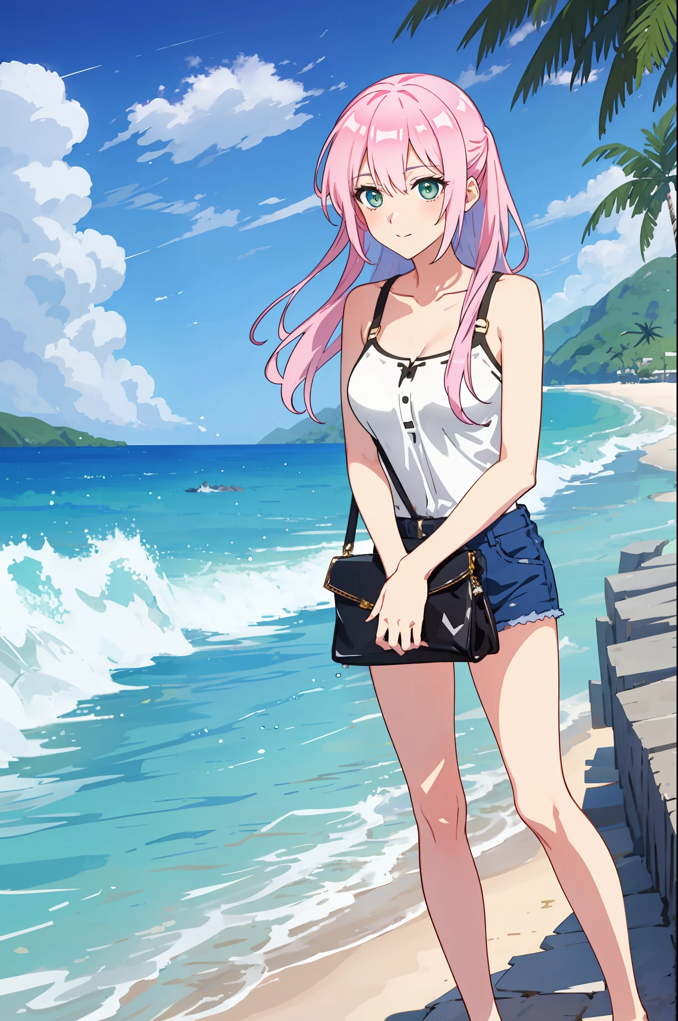shikimori, medium breast, slim legs, sunny day, Beach, leaning, beautiful eyes, green eyes, nervous