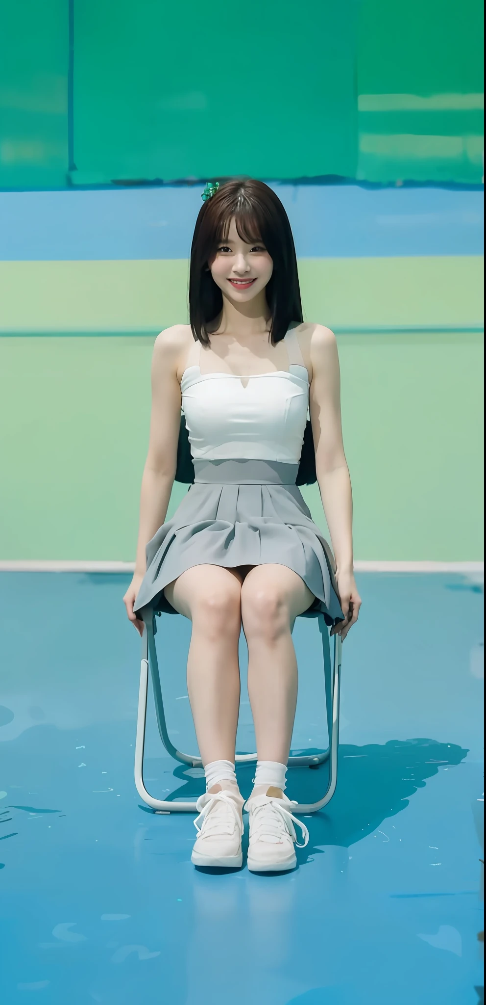 Flowers all over the wall, (best light: 1.2, cute Korean girl: 1.2, [white dress: 1.3], full body, beautiful dance moves, wearing pink long-haired mink bandeau dress, multicolored flower wall, poster level, flowers on the wall are not crowded, elegant and colorful: 1.1, bright and moving: 1.1, [ultra-detailed: 1.2 + dynamic pose + delicate: 1.2],), big breasts, pursed lips and smiles, The sides are five-colored flowers, the wall is pink hydrangeas, roses, colorful chrysanthemums, and the background wall is a wall of flowers dominated by pink