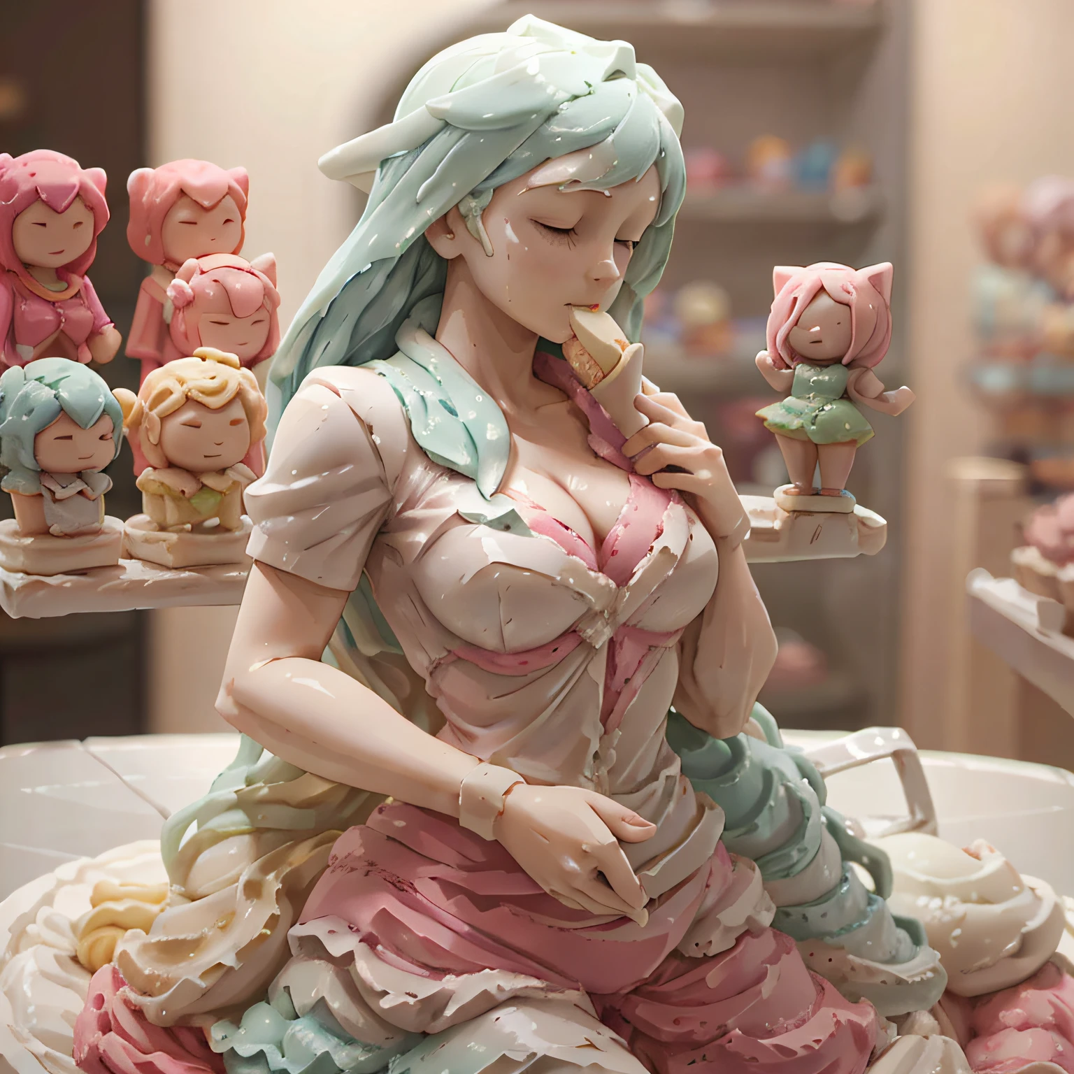 Ice cream, pretty girl figures, (bust sculpture), clay, blind box, (cute), (fine fingers)