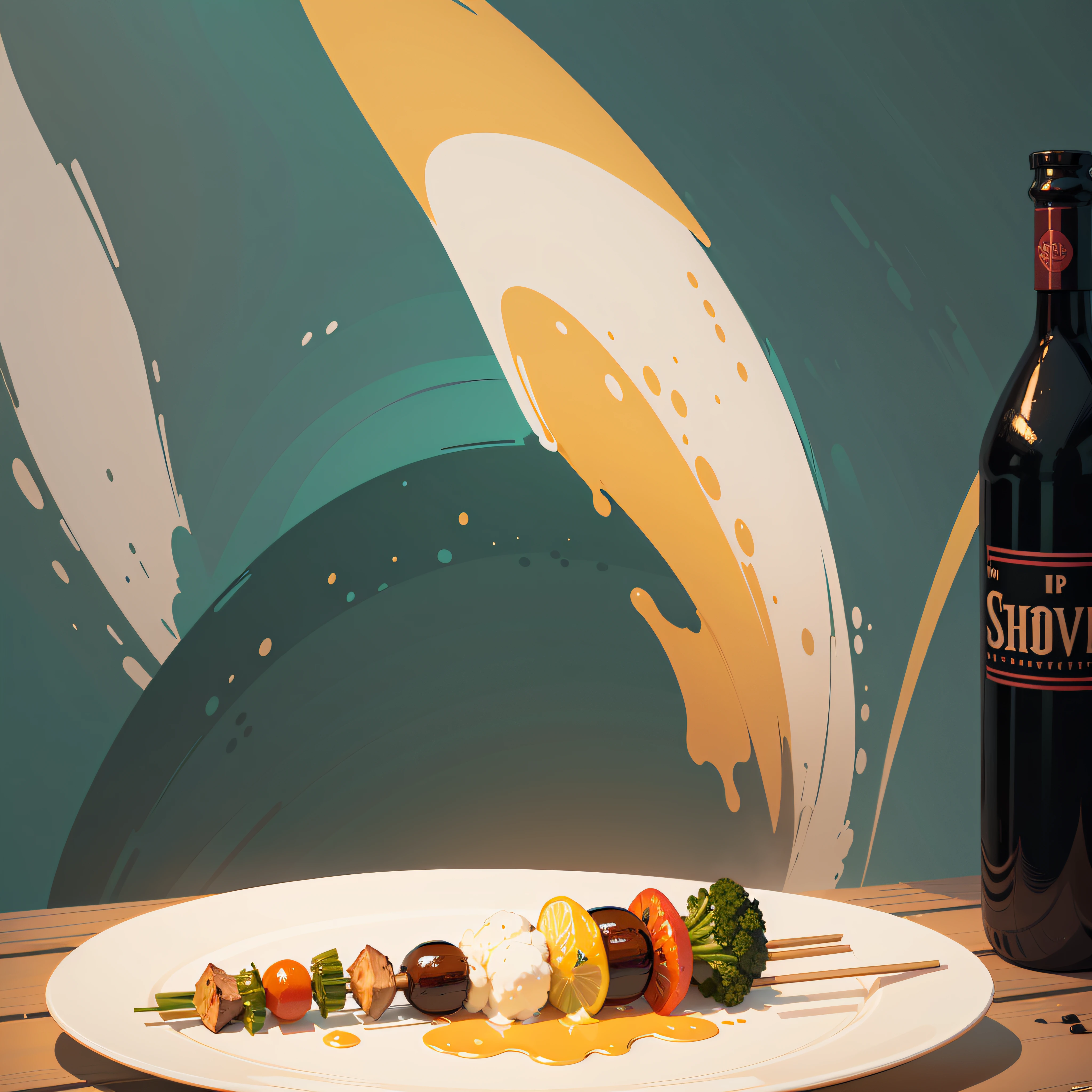 Imagine flat illustration, just one dish in the foreground and on the plate only two skewers of juicy vegetables and a skewer of juicy meat.. And seen in the background, off the plate, a bottle of olive oil, a glass of beer and a black pepper grinder, warm color, bright background, flat illustration, , attractive, beautiful, concept art, pop-art style, cheerful, colorful, interesting