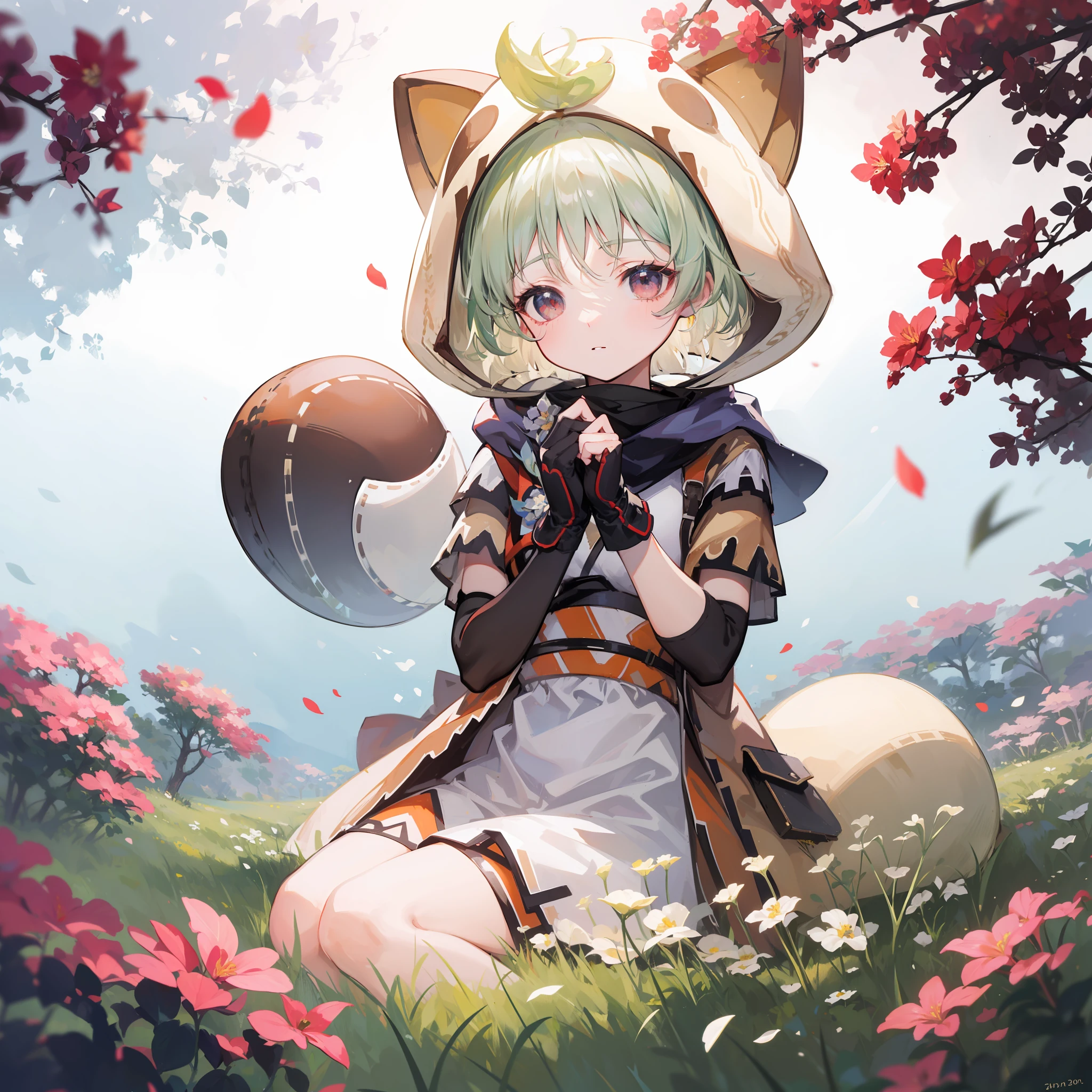 (Masterpiece, best quality), sitting in a field of greenery and flowers, her hands under her chin, warm lighting, white dress, blurred foreground