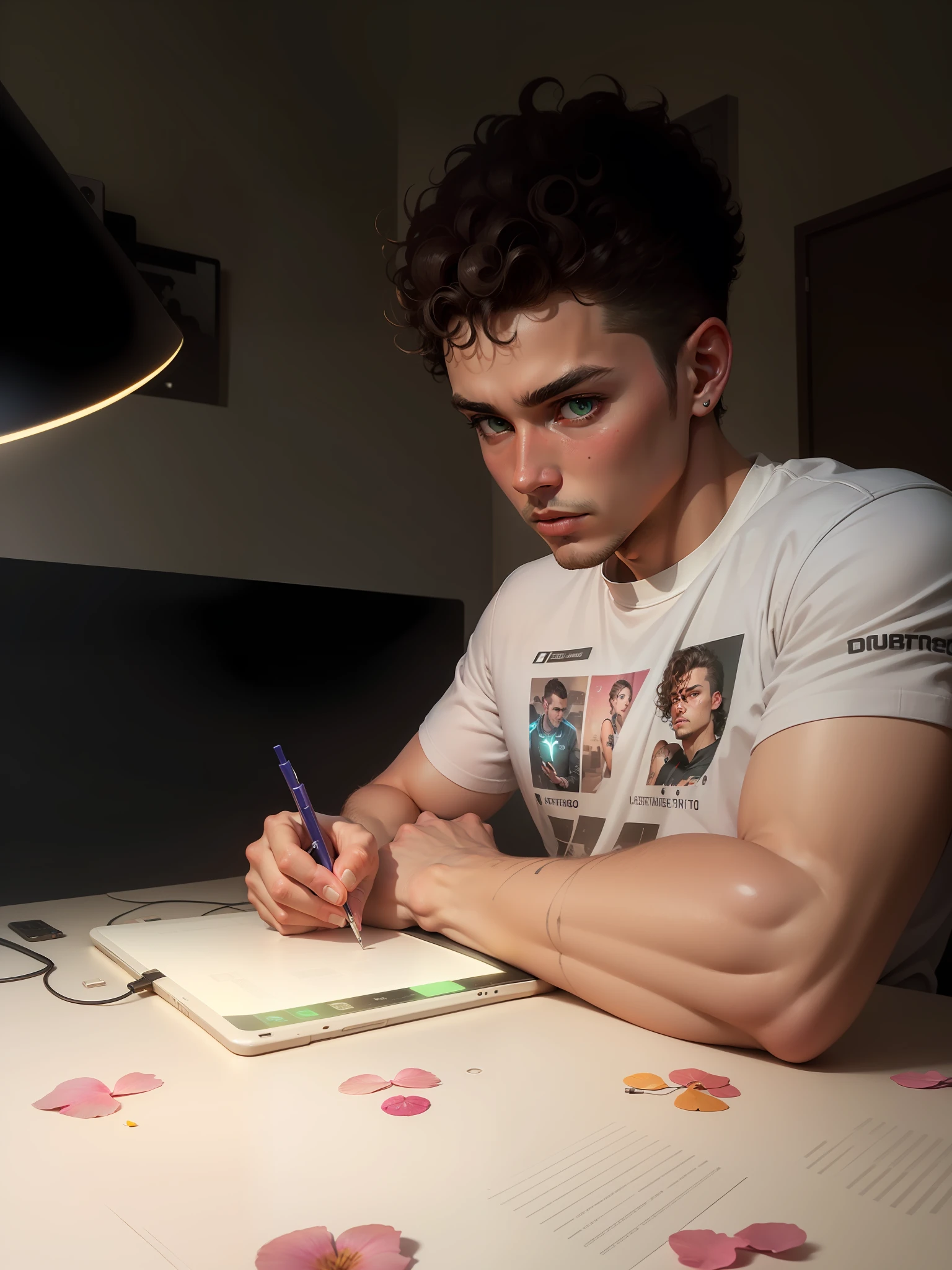 1 boy with curly hair, turned arms, realistic tatoo, real tattoo, beautiful curly hair, yellow light, yellow indirect light, A retrofuturism scene of a mess with arcade wire on the macbook, mechanical delay, wiring components, ultrago austin metal wiring, ((((José Loreto)))), Boy studies focused look on his Sci-fi Tablet; Futuristic costume plot, 1boy:1.3), solo, ((very detailed face)))), ((very detailed eyes and face)))), beautiful detail eyes, parts__ body, half body, half body, official art, 8k unified wallpaper, super detailed, beautiful and beautiful, beautiful, masterpiece, best quality, original, masterpiece, super thin photo, best quality, super high resolution, realistic realism, sunlight, full body portrait, amazing beautiful, dynamic pose, delicate face, vibrant eyes, (front), orange and green color scheme, solid green background, detailed face, messy, gorgeous, highly detailed skin, realistic skin details, clear focus, 8k UHD, DSLR, high quality, film grain, light skin, photographic realism, lomography, translucent, (cyberpunk: 1.2), (semi-mechanical body: 1.2) --auto