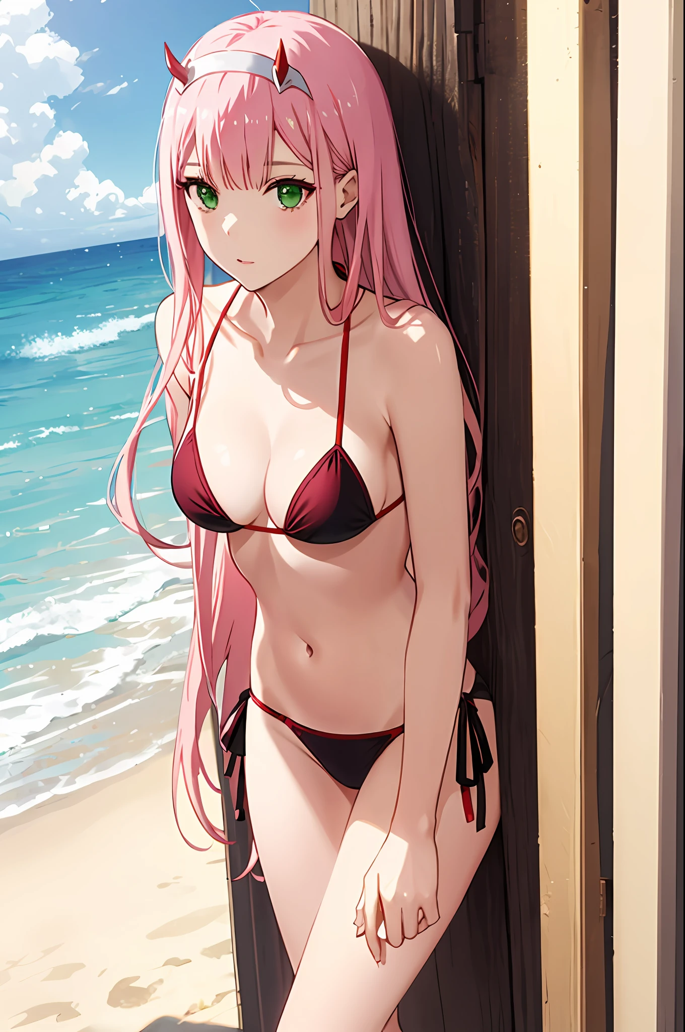 zero two, side tie bikini, medium breast, slim legs, sunny day, Beach, leaning, beautiful eyes, green eyes, nervous