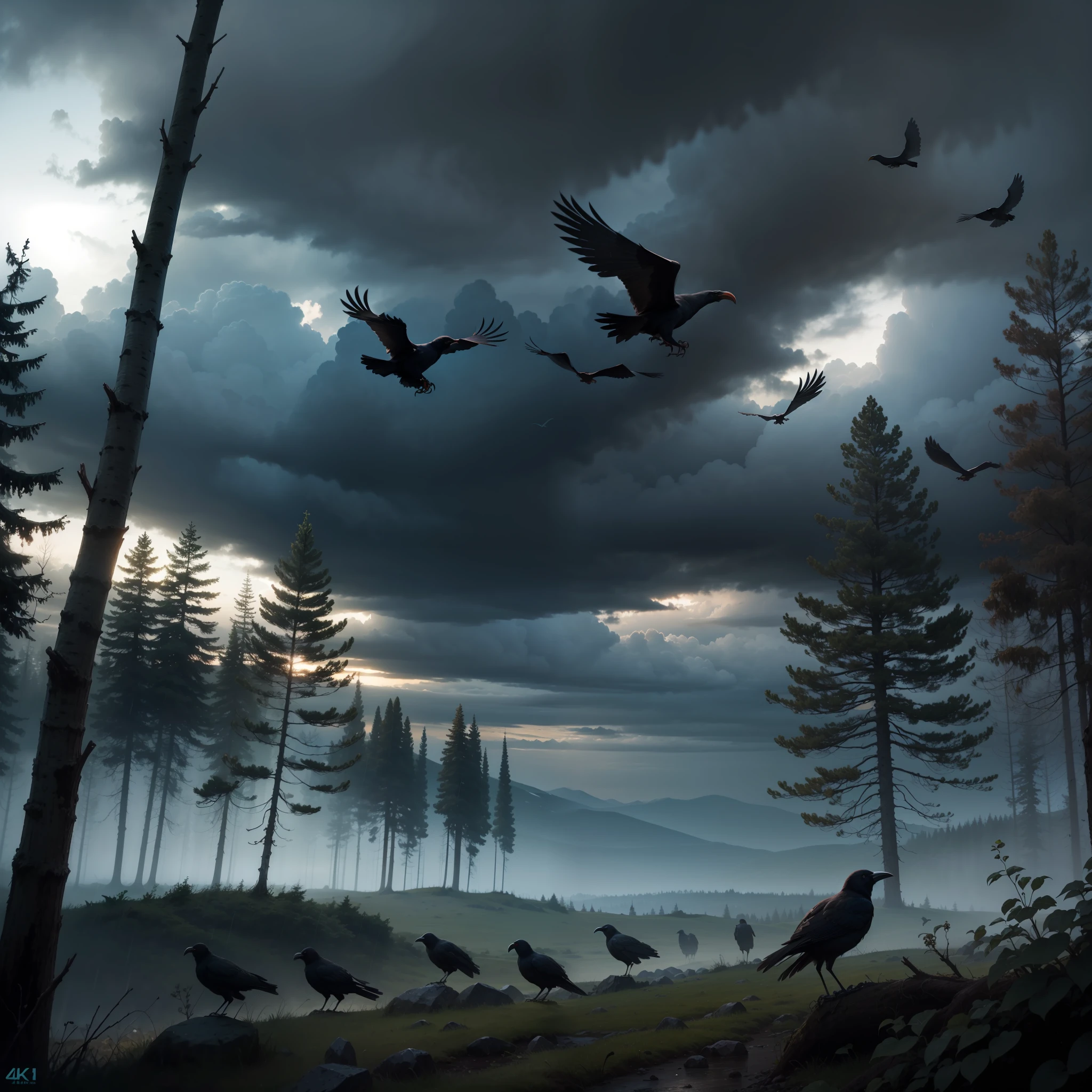 Dark, rainy forest with crows in the sky. Realistic, 4k, best picture. --auto