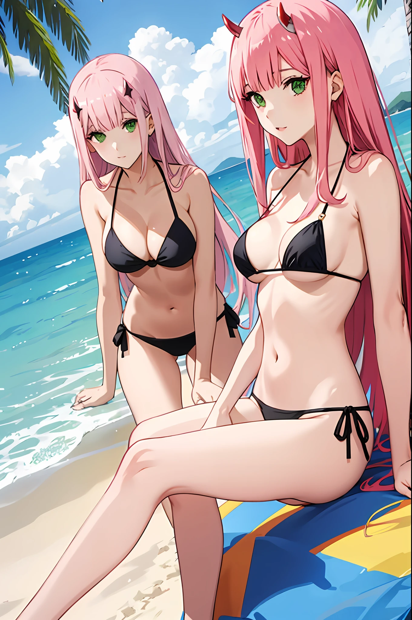 zero two, side tie bikini, medium breast, slim legs, sunny day, Beach, leaning, beautiful eyes, green eyes, nervous