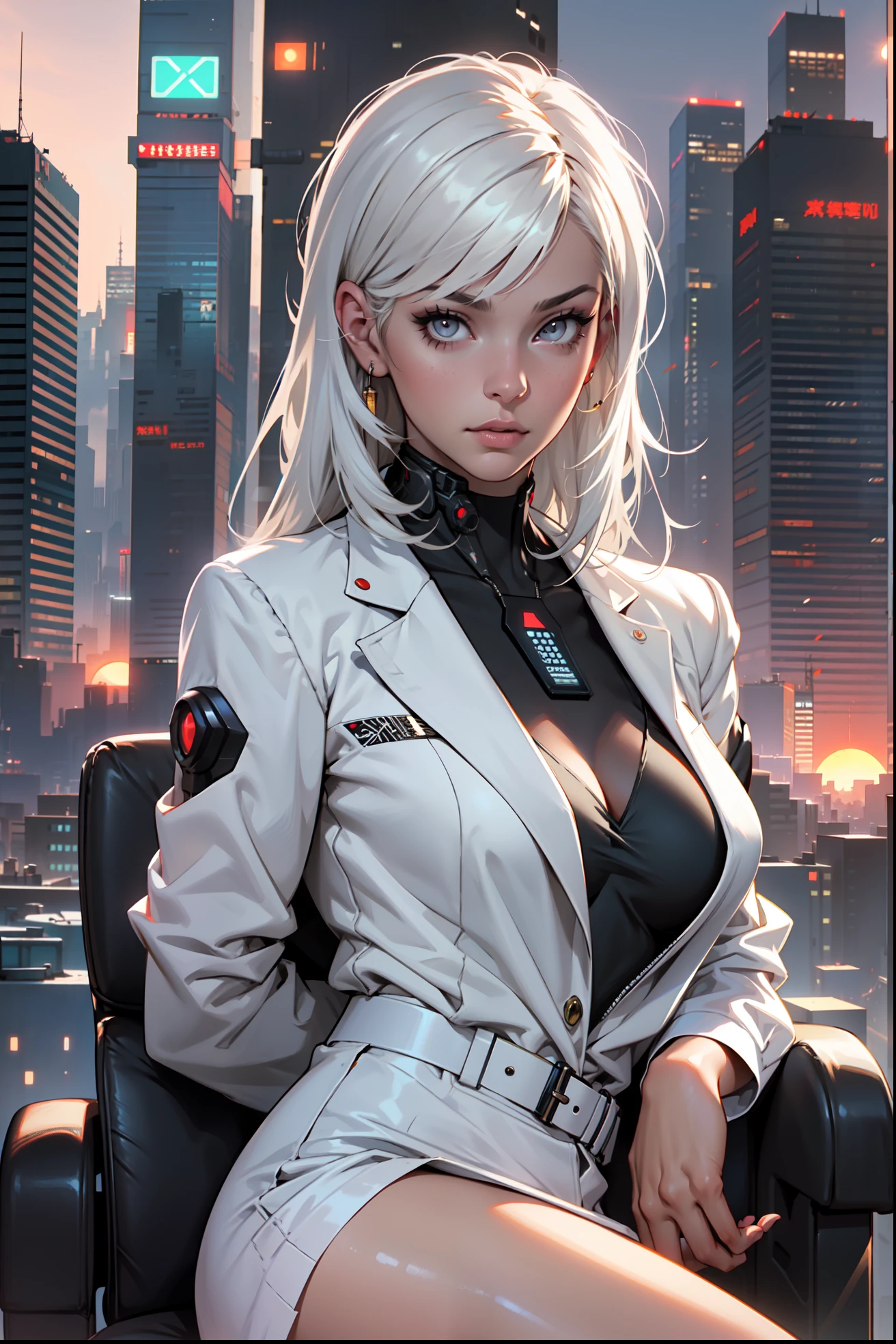 (masterpiece:1.3), (8k, photorealistic, RAW photo, best quality: 1.4), (1girl), beautiful face, (realistic face), Nice hairstyle，Realistic Eyes，Nice detail eyes，（Realistic Skin），Beautiful Skin，Ridiculous，attractive，Ultra high Resolution，an ultra realistic，RAWExtremely detailed，golden proportions, Woman wearing business outfit, white formal blazer, white blouse, white high waist business skirt, beautiful, masterpiece, best quality, perfect lighting, (white hair:1.4), long hair, (grey eyes:1.2), slender build, thin, medium breasts, business woman, ceo of small arms and aerospace centered mega corporation, sitting in luxurious black office chair, giant modern window with view of dusk cyberpunk city skyline in background, torso shot, dusk, (cyberpunk city background:1.3), (Hazy sky:1.2), (Dim red sun:1.3), eyelashes, dark eyeliner, cyberpunk, older, sleek modern-futuristic office, (white clothes:1.2)