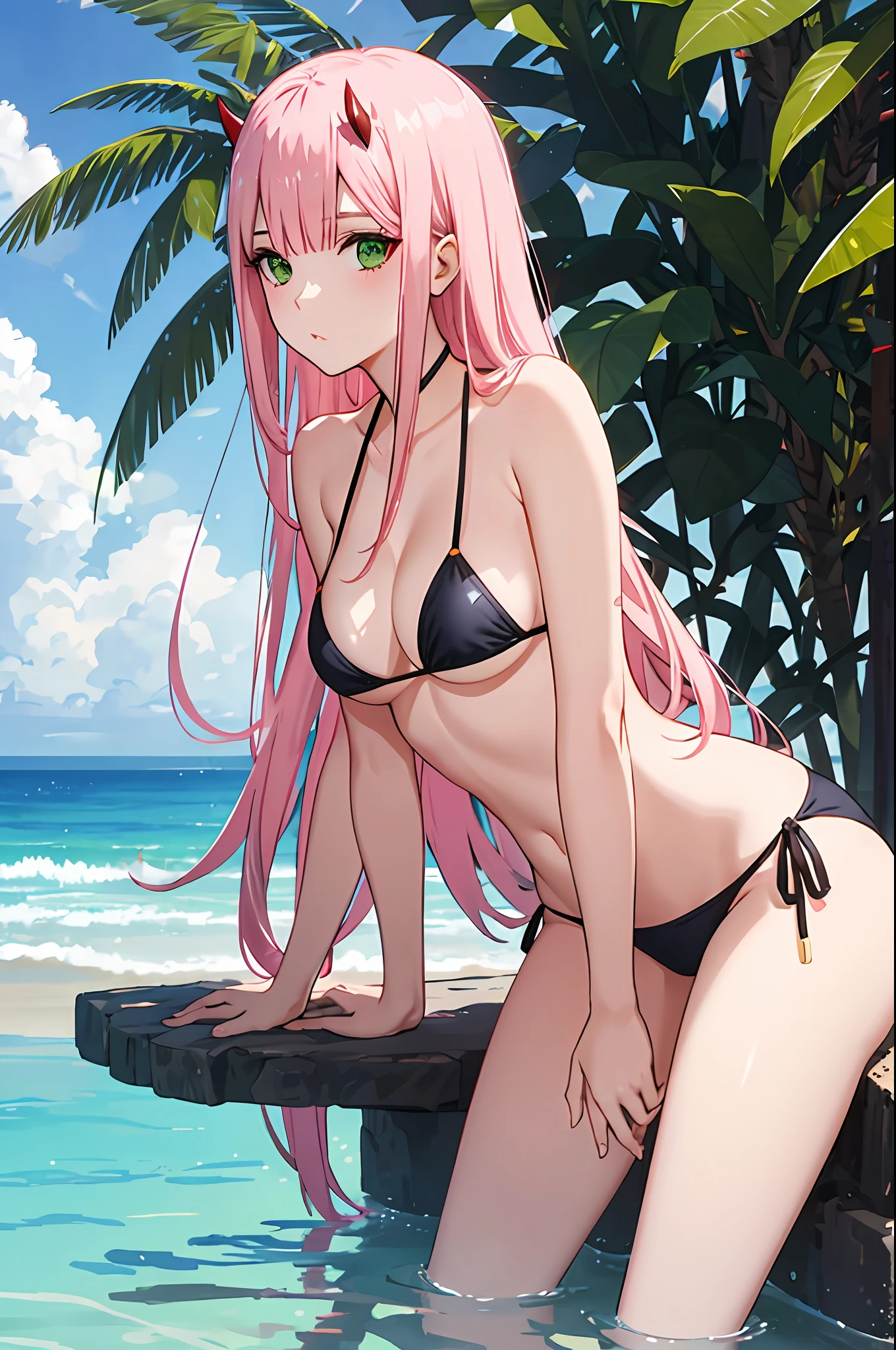 zero two, side tie bikini, medium breast, slim legs, sunny day, Beach, leaning, beautiful eyes, green eyes, nervous