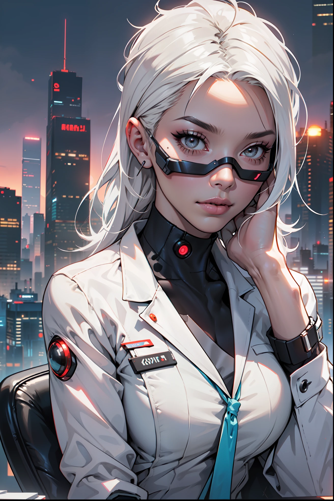 (masterpiece:1.3), (8k, photorealistic, RAW photo, best quality: 1.4), (1girl), beautiful face, (realistic face), Nice hairstyle,Realistic Eyes,Nice detail eyes,(Realistic Skin),Beautiful Skin,Ridiculous,attractive,Ultra high Resolution,an ultra realistic,RAWExtremely detailed,golden proportions, Woman wearing business outfit, white formal blazer, white blouse, white high waist business skirt, beautiful, masterpiece, best quality, perfect lighting, (white hair:1.4), long hair, (grey eyes:1.2), slender build, thin, medium breasts, business woman, ceo of small arms and aerospace centered mega corporation, sitting in luxurious black office chair, giant modern window with view of dusk cyberpunk city skyline in background, torso shot, dusk, (cyberpunk city background:1.3), (Hazy sky:1.2), (Dim red sun:1.3), eyelashes, dark eyeliner, cyberpunk, older, sleek modern-futuristic office, (white clothes:1.2)