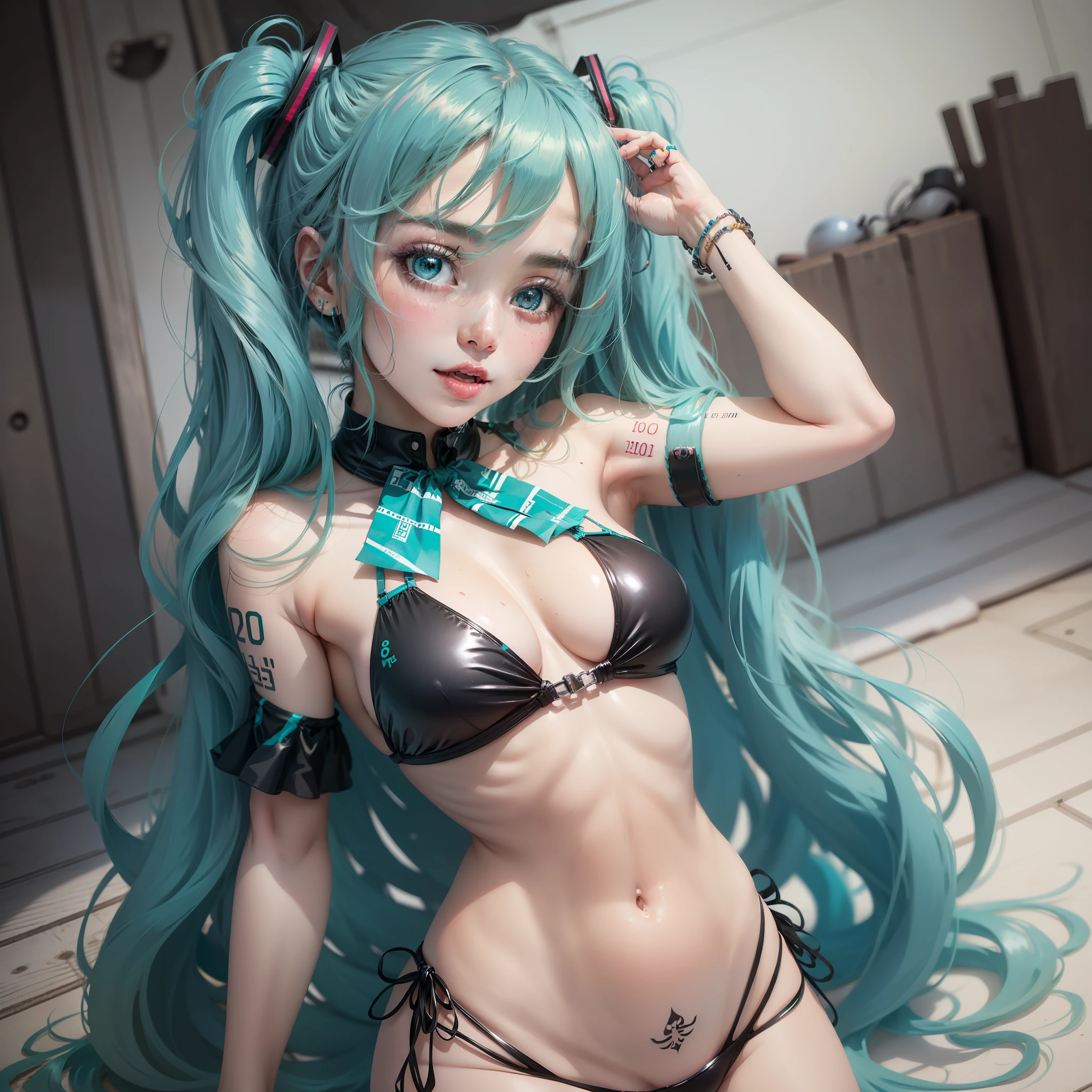 Hatsune Miku,Sexy bikini,Slave tattoo,blush,,Unknown white liquid,whole body,Feichang color,Not showing breasts