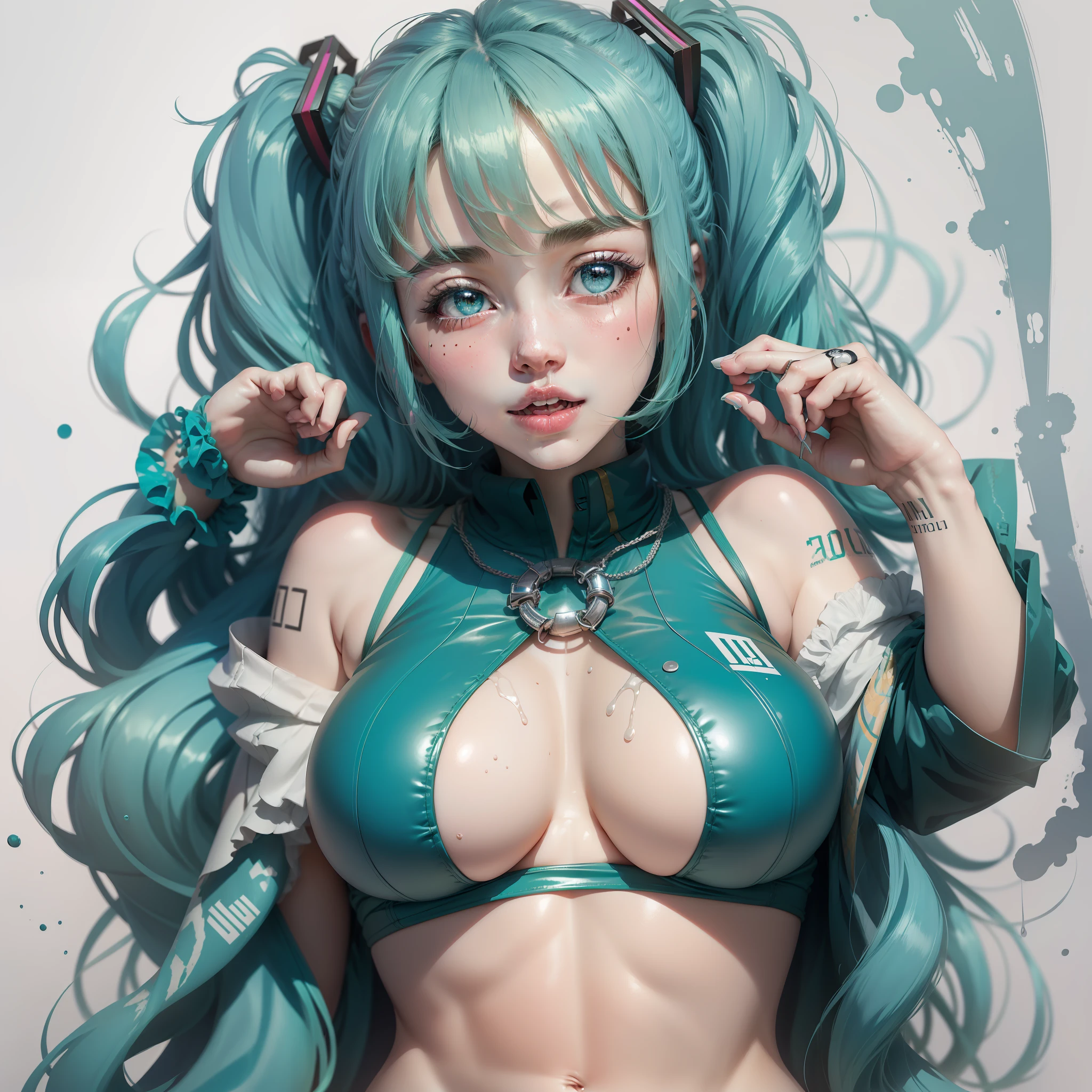 Hatsune Miku,Sexy bikini,Slave tattoo,blush,,Unknown white liquid,whole body,Feichang color,Not showing breasts