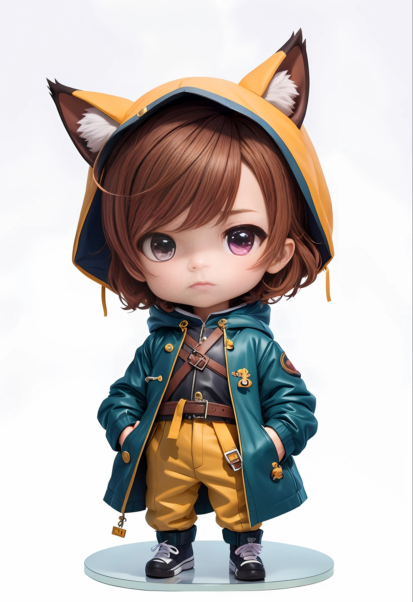 An anime character with a boy with cat ears and a hood, character art of maple story, stylized anime, highly detailed characters, advanced digital chibi art, anime stylization, Gouviz-style artwork, anime moe art style, cute characters, kavasi, portraits of small characters, made with anime painter studio, a cute handsome boy, chibi, dark brown hair, purple eyes, short hair, trench coat, hood, hat with fox ears, hands in pockets