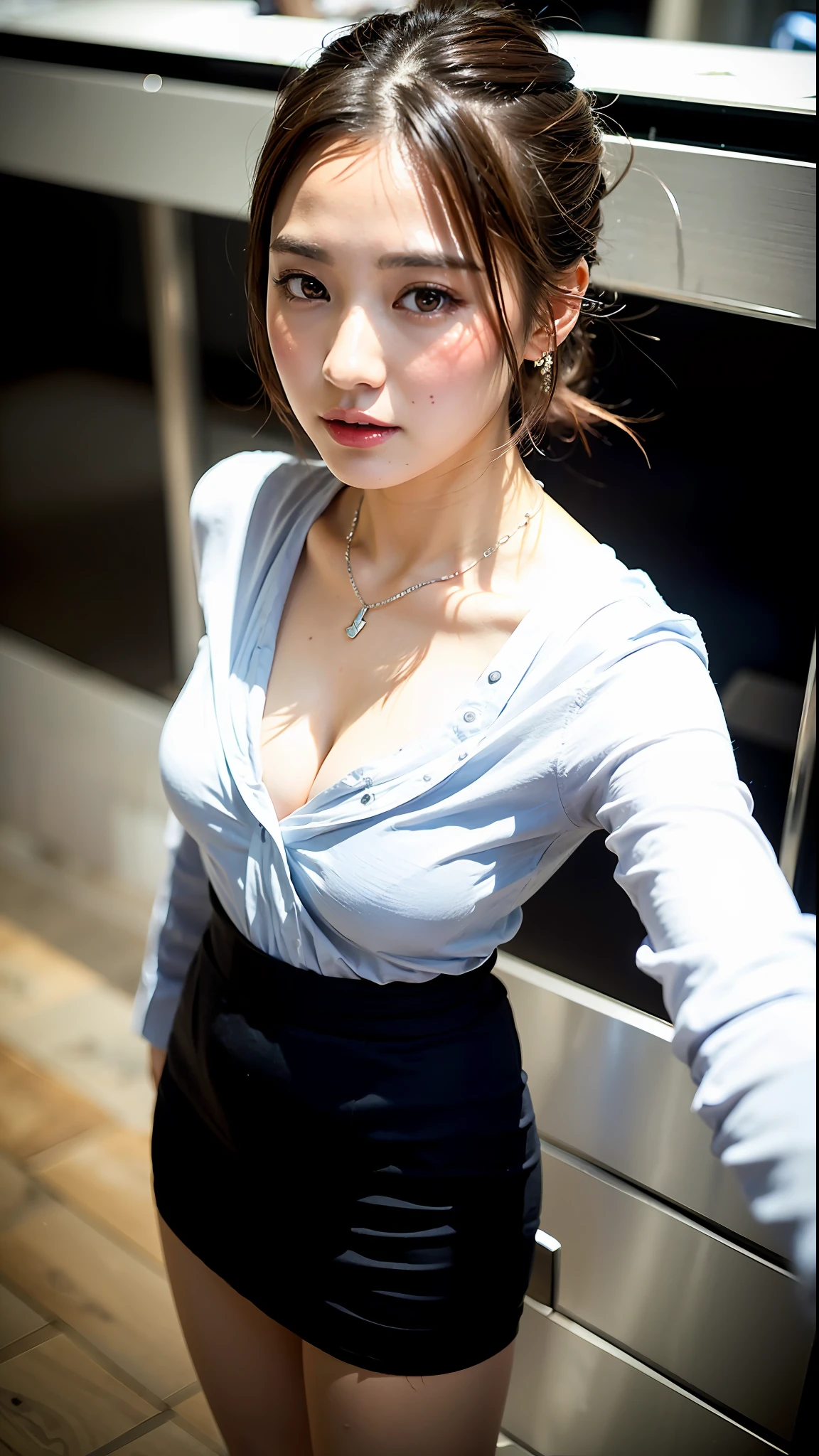 (Best quality, 8k, 32k, Masterpiece, UHD:1.2), Photo of Pretty Japanese woman, slender, (((small breasts))), chignon brown hair, cowboy shot, face focus, oversized white shirt, tight black skirt, silver necklace, in office, from above, looking at viewer, blushing face
