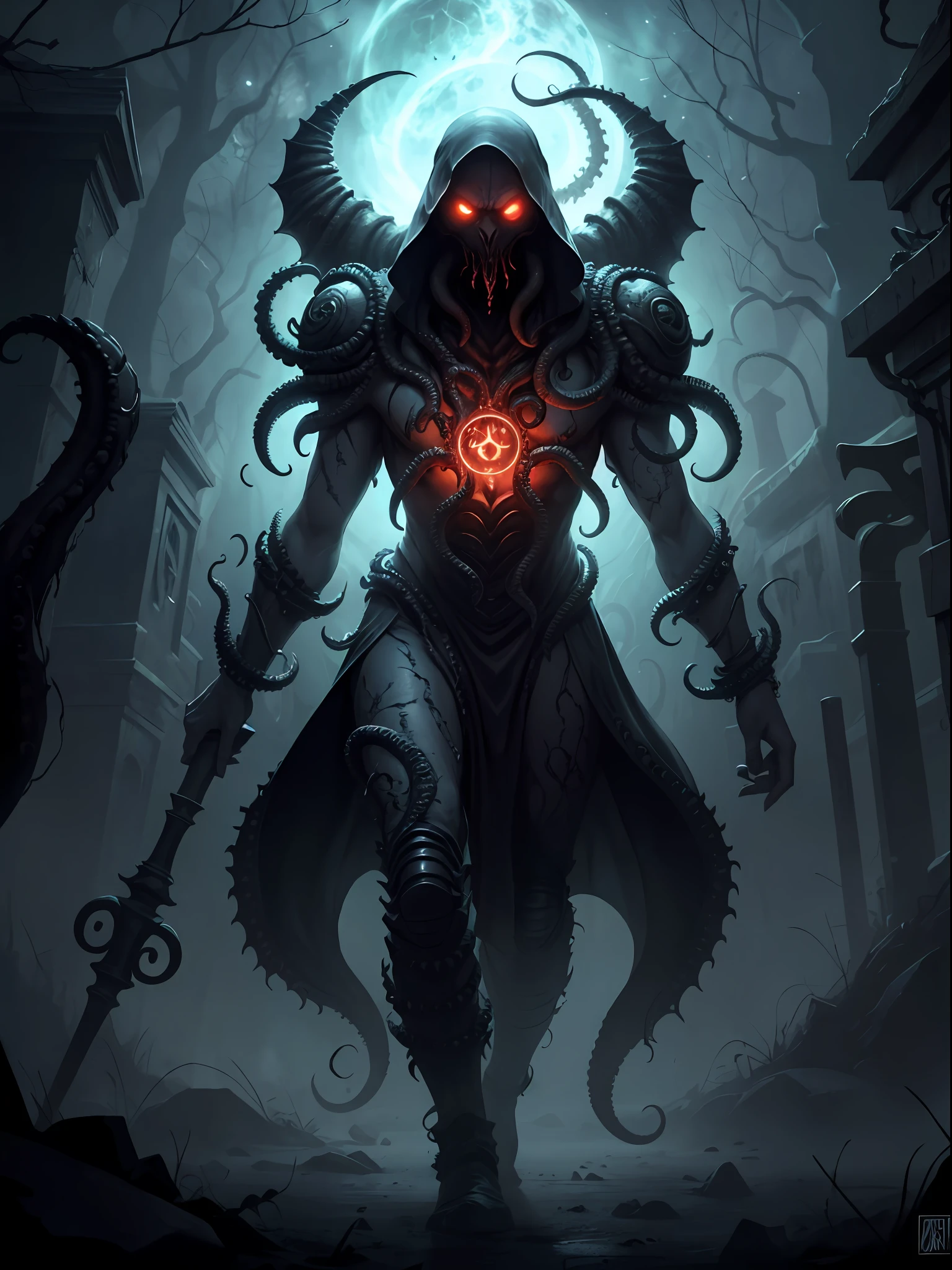 "Image Type: Concept Art.
Subject: A Cthulhu Mage. This entity wields the cosmic and eldritch powers of the Cthulhu mythos. Its body, a twisted blend of humanoid and monstrous features, is intricately adorned with arcane symbols and ritualistic attire. In its hand, it carries a staff topped with a design symbolizing Cthulhu, radiating an ominous power. The background is a dramatic whirlwind of dark cosmic energy, accentuated by various otherworldly, Lovecraftian horrors looming in the shadows. The entire image is bathed in an eerie, unsettling light that further heightens the sense of foreboding.
Art Style: Hyper-detailed, Lovecraftian Horror." --auto