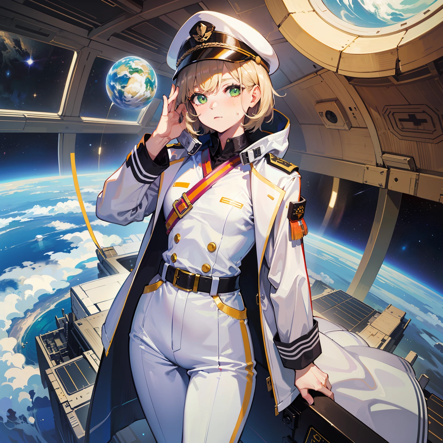 ((Masterpiece)), ((Highest Image Quality)), ((Best Quality)), (Illustration of One Girl), Full Body, 25 Years Old, (Neutral), Blonde, ((Short Hair)), ((Short Neckline)), Green Eyes, (((Burn Face)), (Straight Flat)), Small, (((Tall)), ((Muscular Strong Body)), (Army Uniform)), (Army Hat)), (Army Coat)), (White Clothes), (White Pants), ( White Hat), trench coat, ((inside spacecraft)), (outside the window, space, Earth seen from space, spaceport)