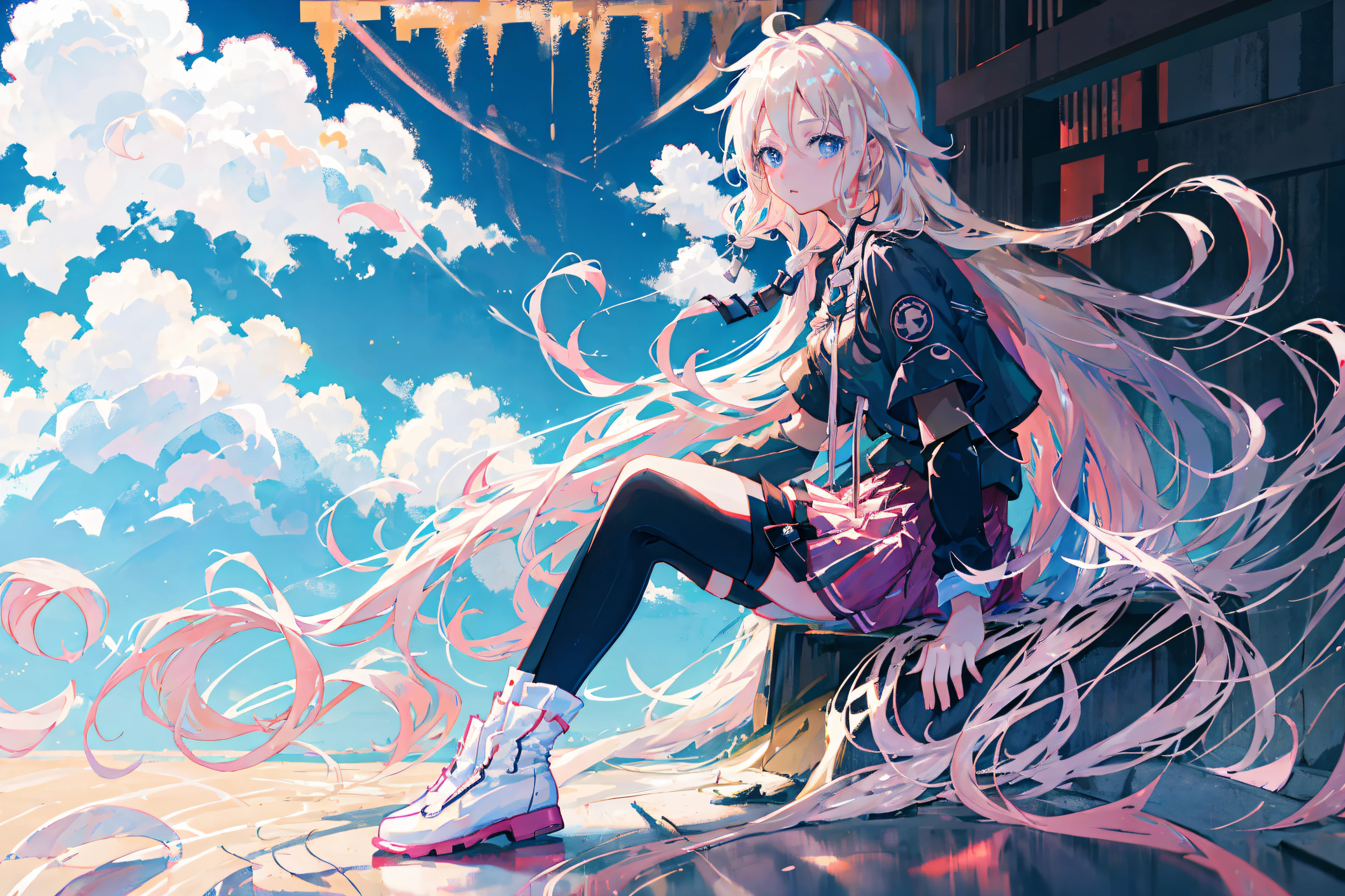 ((masterpiece)), ((best quality)), 4k, 8k, wallpaper, 1girl, solo,ia (vocaloid), single socks, full body, floating in sky, view from side, sitting in air